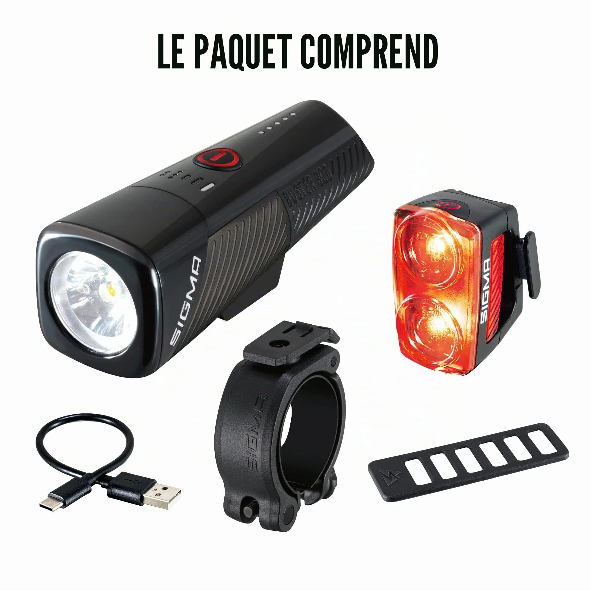 SIGMA Buster 800 / RL 150 | Kit d'éclairage vélo | Avant avec 5 Modes d'éclairage | Arrière avec Fonction feu Stop | Lampe vélo à LED puissante avec Une visibilité de 170m jusqu'à 30 Heures
