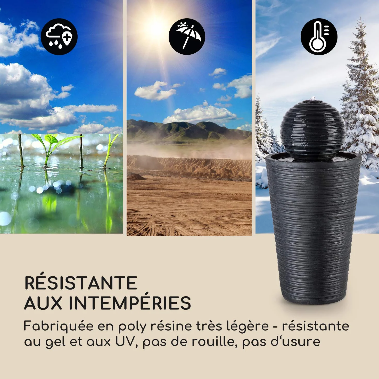 Blumfeldt Liquitorre XL Fontaine Solaire de Jardin Pompe 200 l/h IPX8 Panneau Solaire 2W 300 cm² Batterie 3,7 V 2 Ah Polyrésine