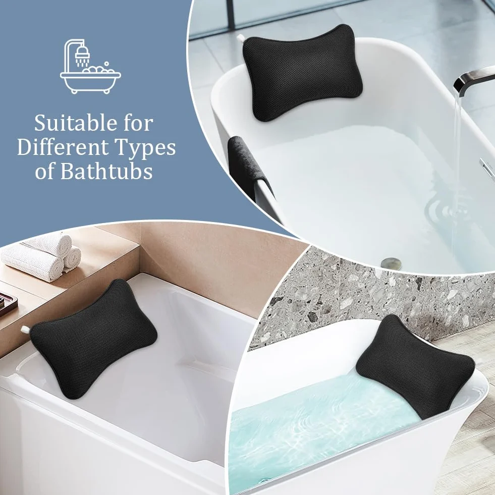 Flintronic Oreiller de Bain Coussin Baignoire Air Mesh Ergonomique avec 2 Ventouses Antidérapantes Noir