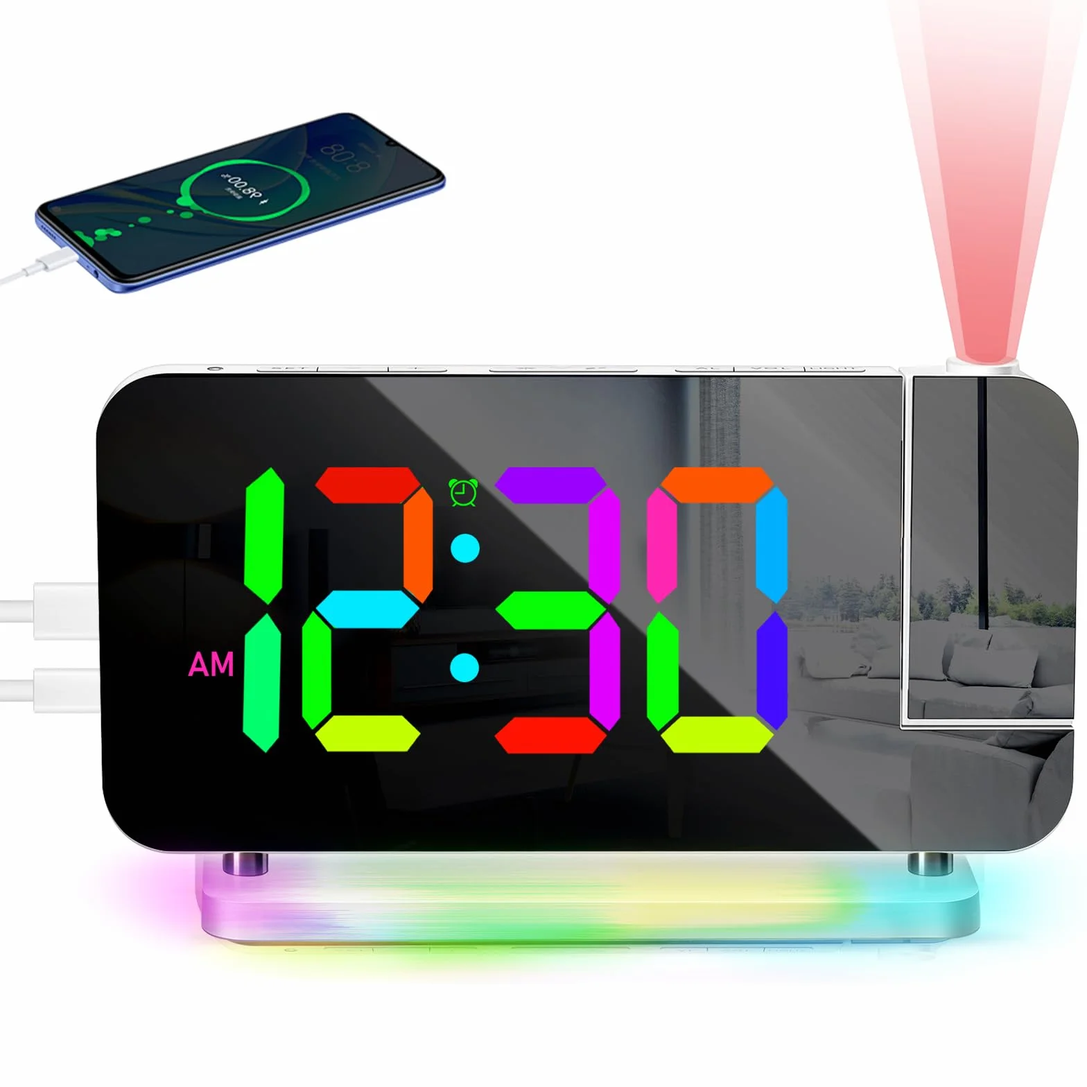 PORFOYO Réveil avec projection LED RVB, horloge miroir, veilleuse 10 couleurs, projecteur 180°, USB-C