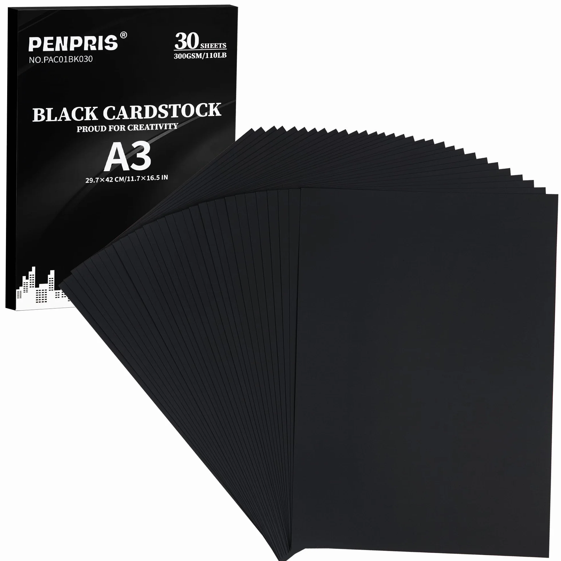 Papier Cartonné A3 300gsm Noir 30 Feuilles PAC01BK030