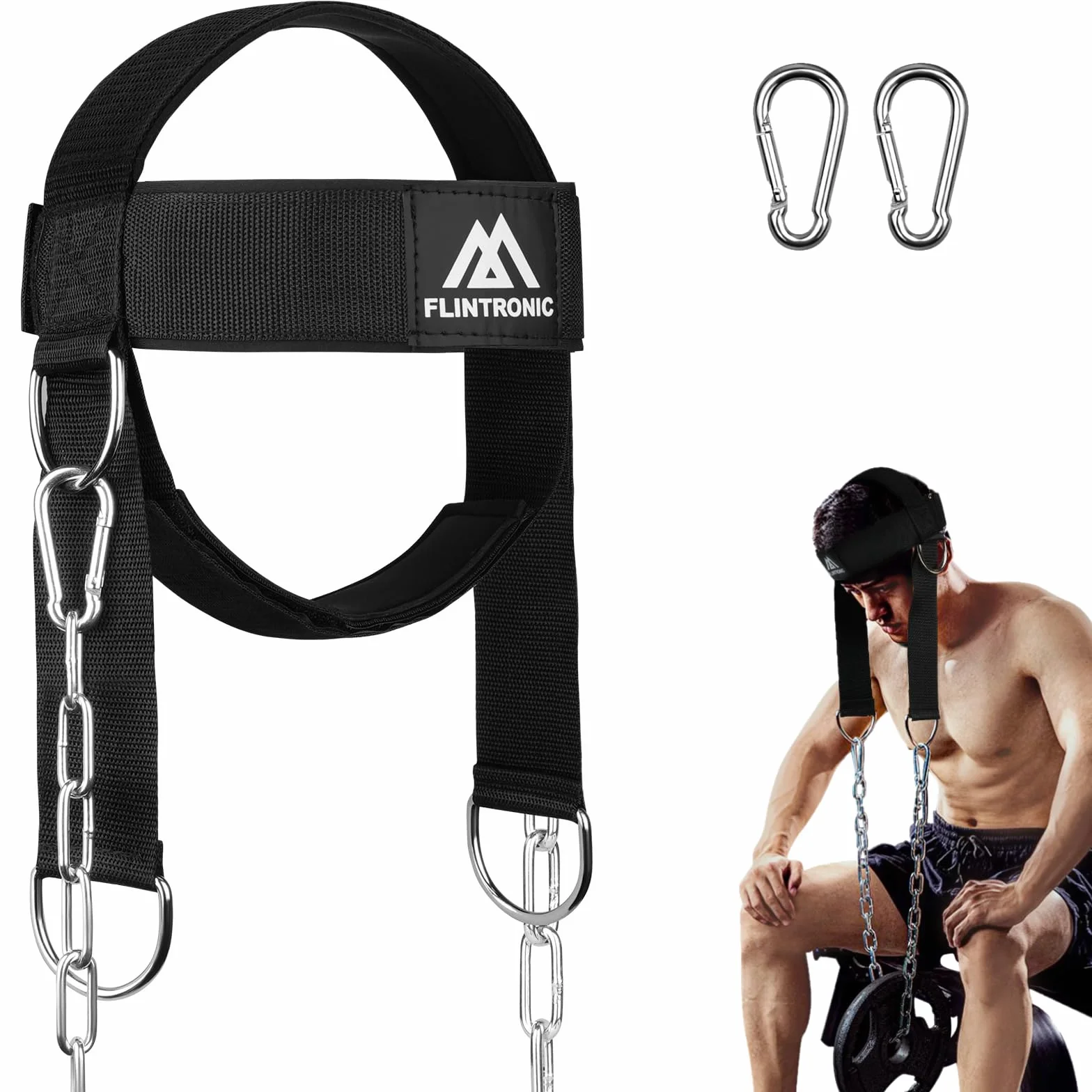 Flintronic Harnais de Tête d'entraînement, Harnais Musculation Cou, Réglable avec Fermeture, Sangle de Tête et Mentonnière, Pour Gym, Boxe