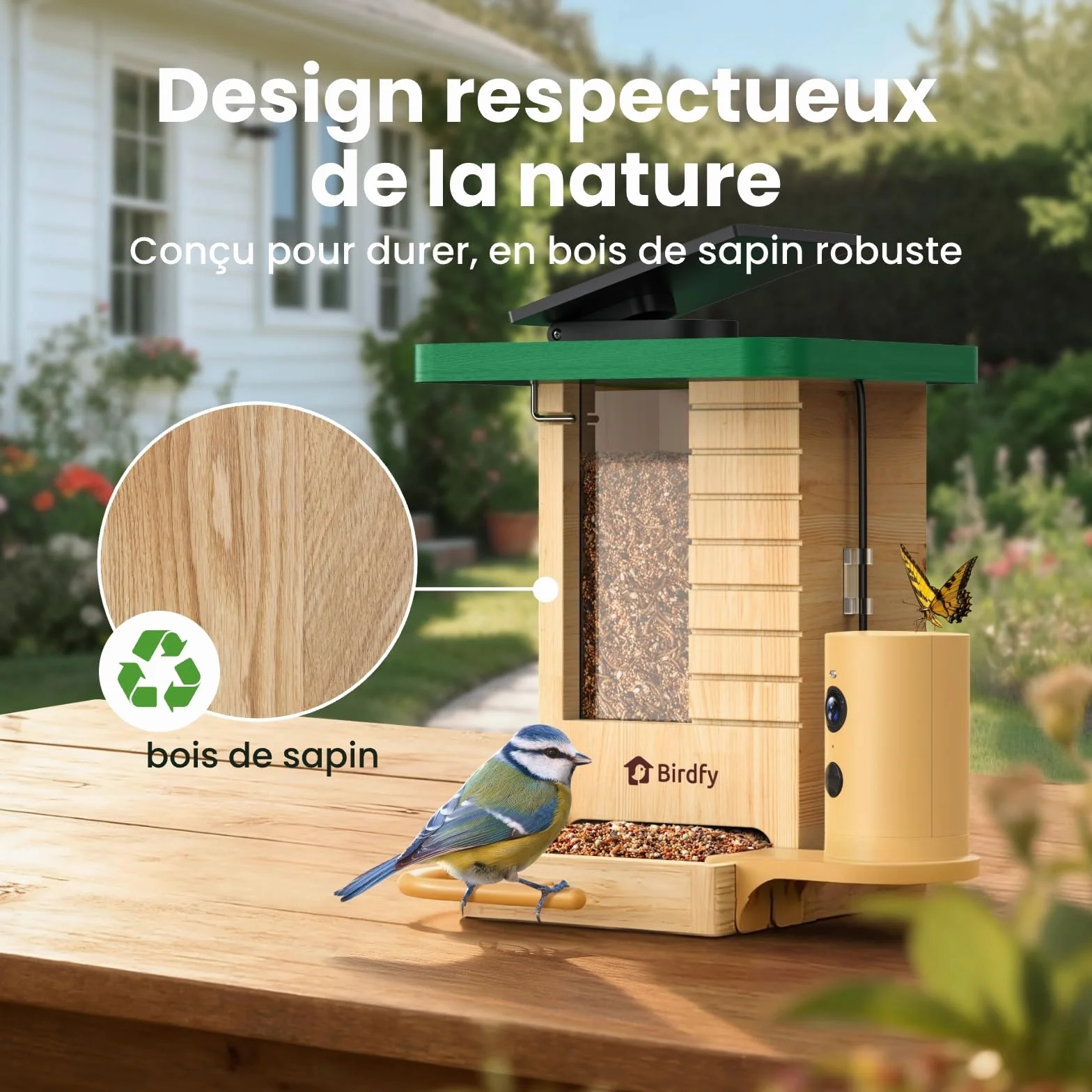 Mangeoire Oiseaux Caméra Birdfy Connectée en Bois avec Caméra Solaire IA 6000+ espèces 1080p
