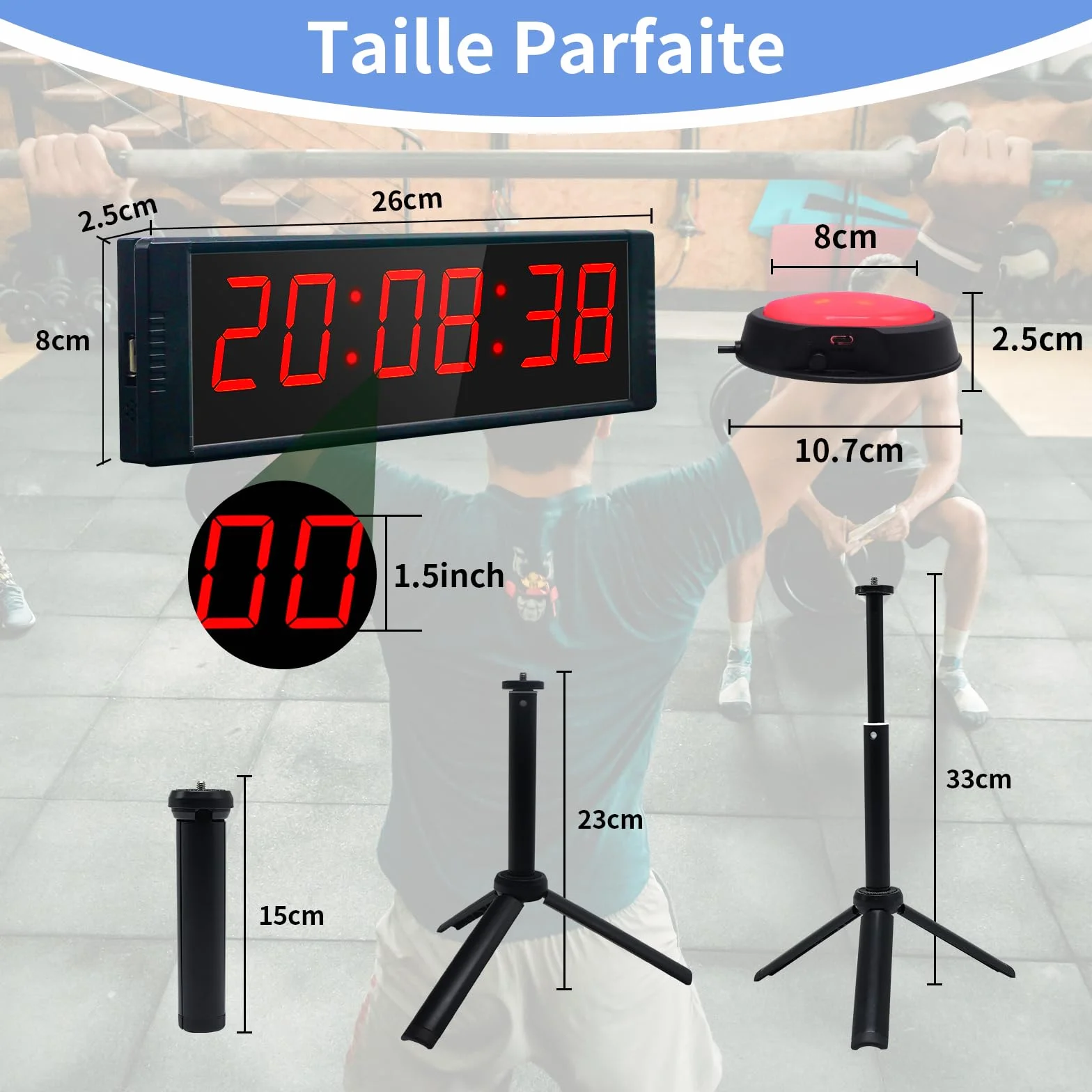 Timer Sport avec Bouton Marche/Arrêt, Minuteur et Chronomètre Portable, Horloge Murale Numérique avec Télécommande, Intervall Timer avec Socle, 12/24H Horloge pour Fitness, Workout, Home Gym