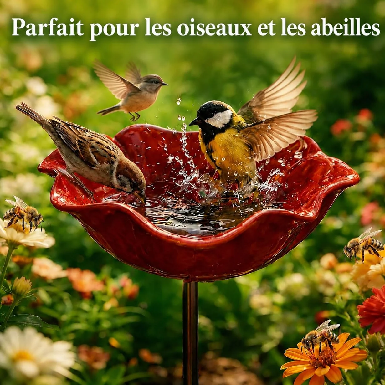 Bain d'oiseaux Extérieur en Forme de Fleur avec Socle et Piquet métallique pour Oiseaux et Abeilles