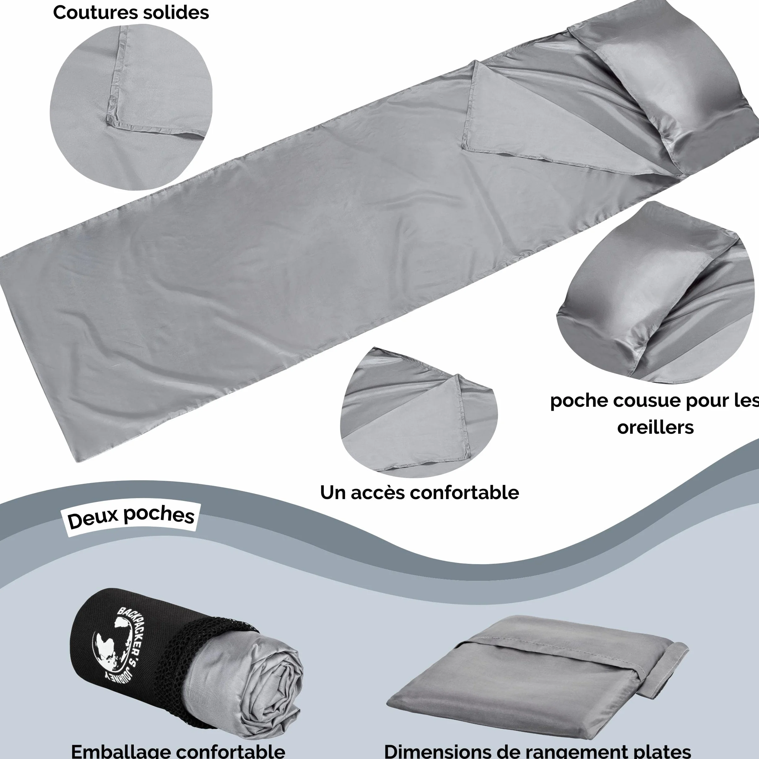 Backpacker’s Journey Sac de couchage ultrafin et léger (155 g) Revêtement en microfibre Idéal pour voyager avec un sac à dos, les auberges de jeunesse, les chalets