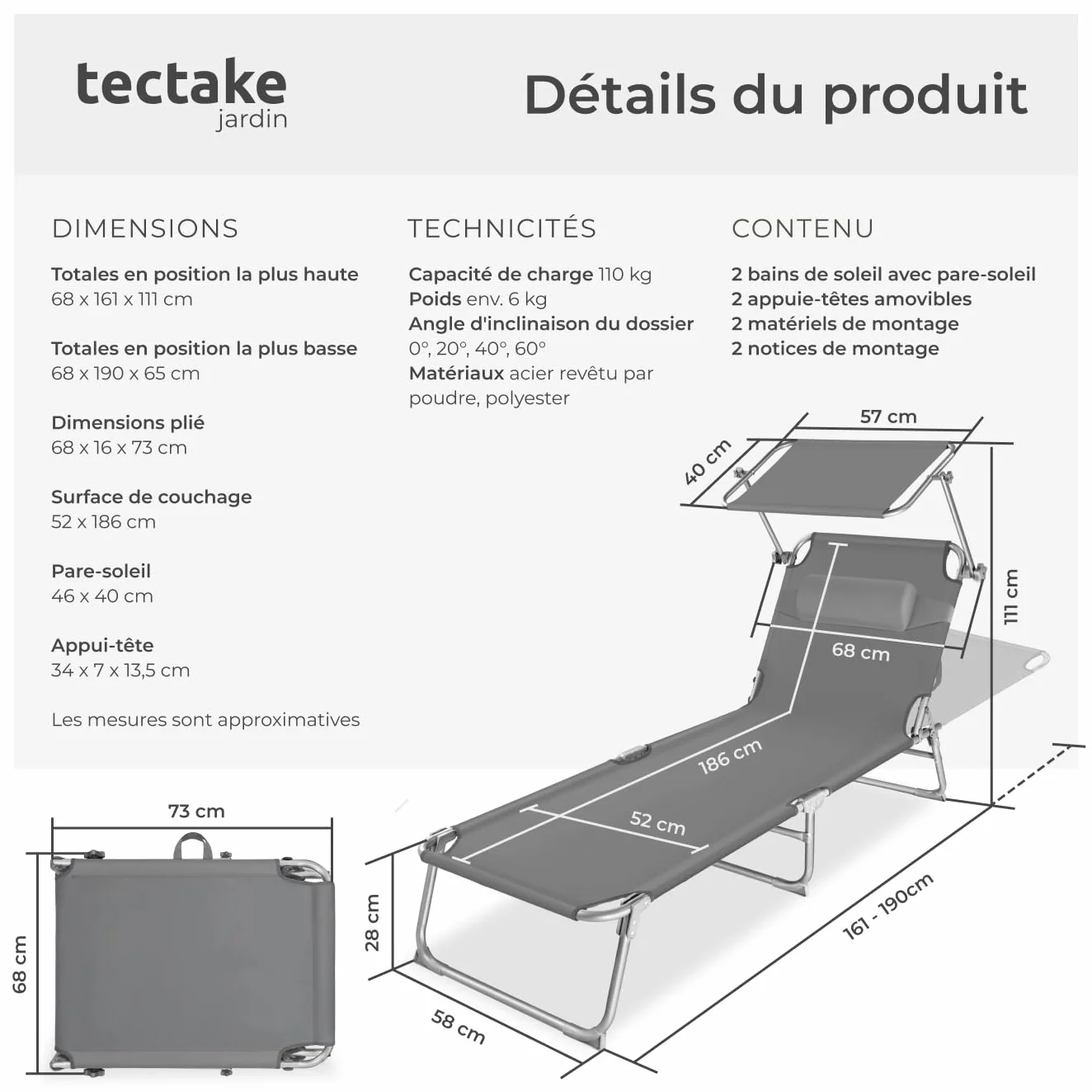 Tectake Set de 2 Chaises Longues Pliantes avec Pare Soleil & Appuie-tête - Transat Inclinable de Plage Gris