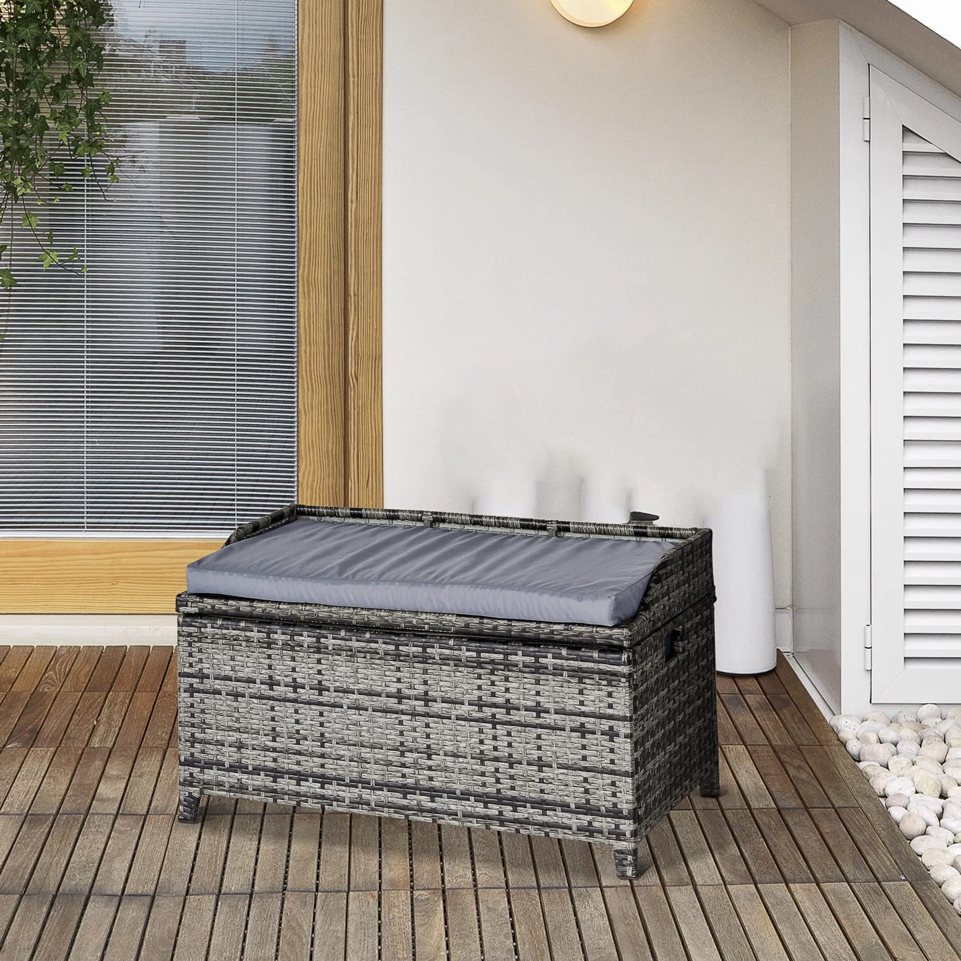 Outsunny Banc de rangement extérieur en rotin PE, aluminium, gris mélangé