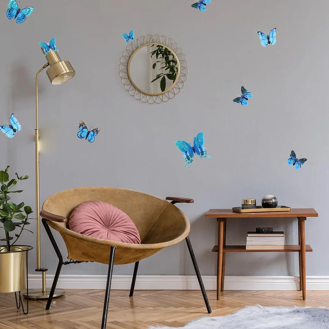 Papillon Stickers Muraux 3D 24 Pièces Décoration Fête Chambre Bleu