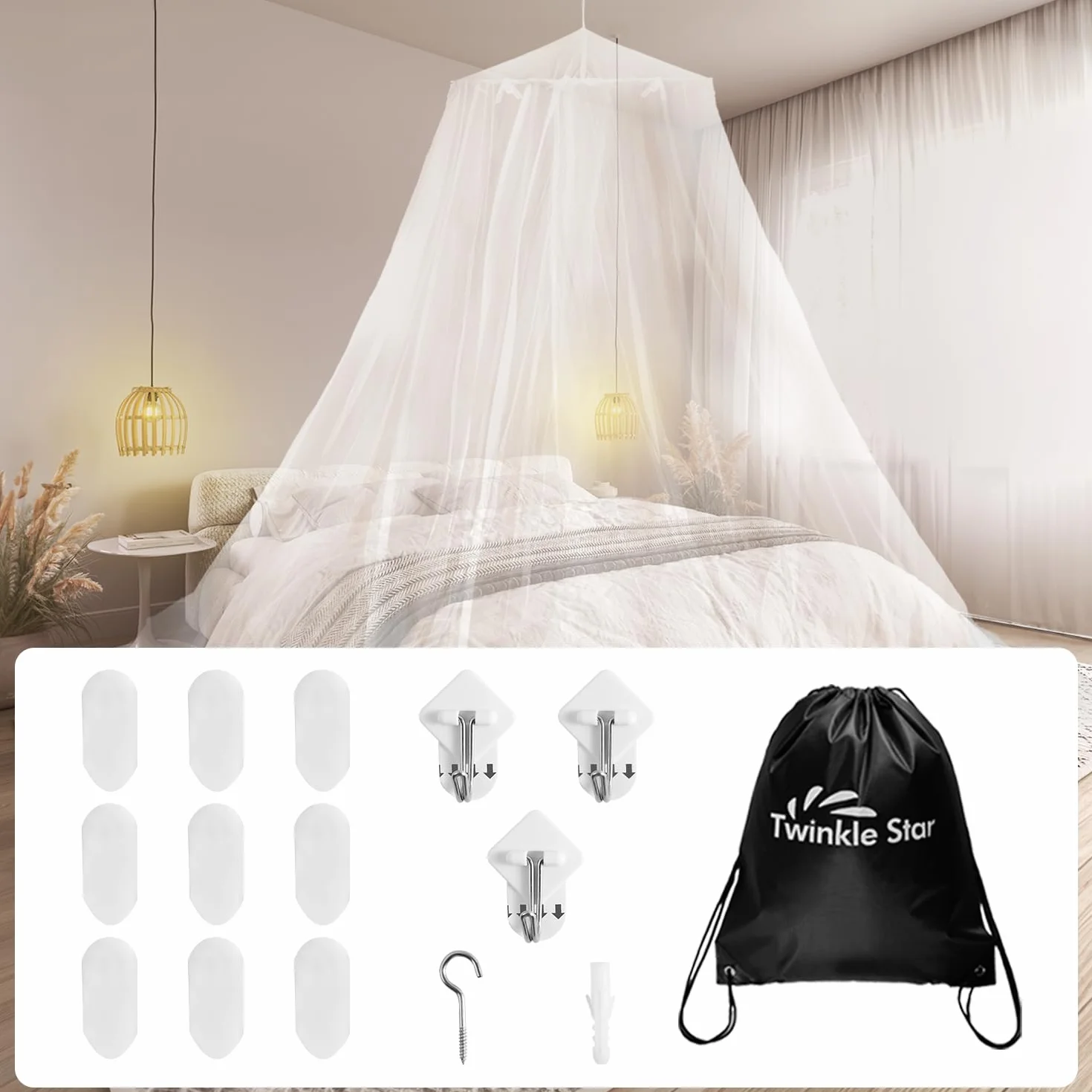 Twinkle Star Moustiquaire Voyage Sac de Voyage Crochet de Plafond Autocollant Ciel de lit Extra Large pour lit Double