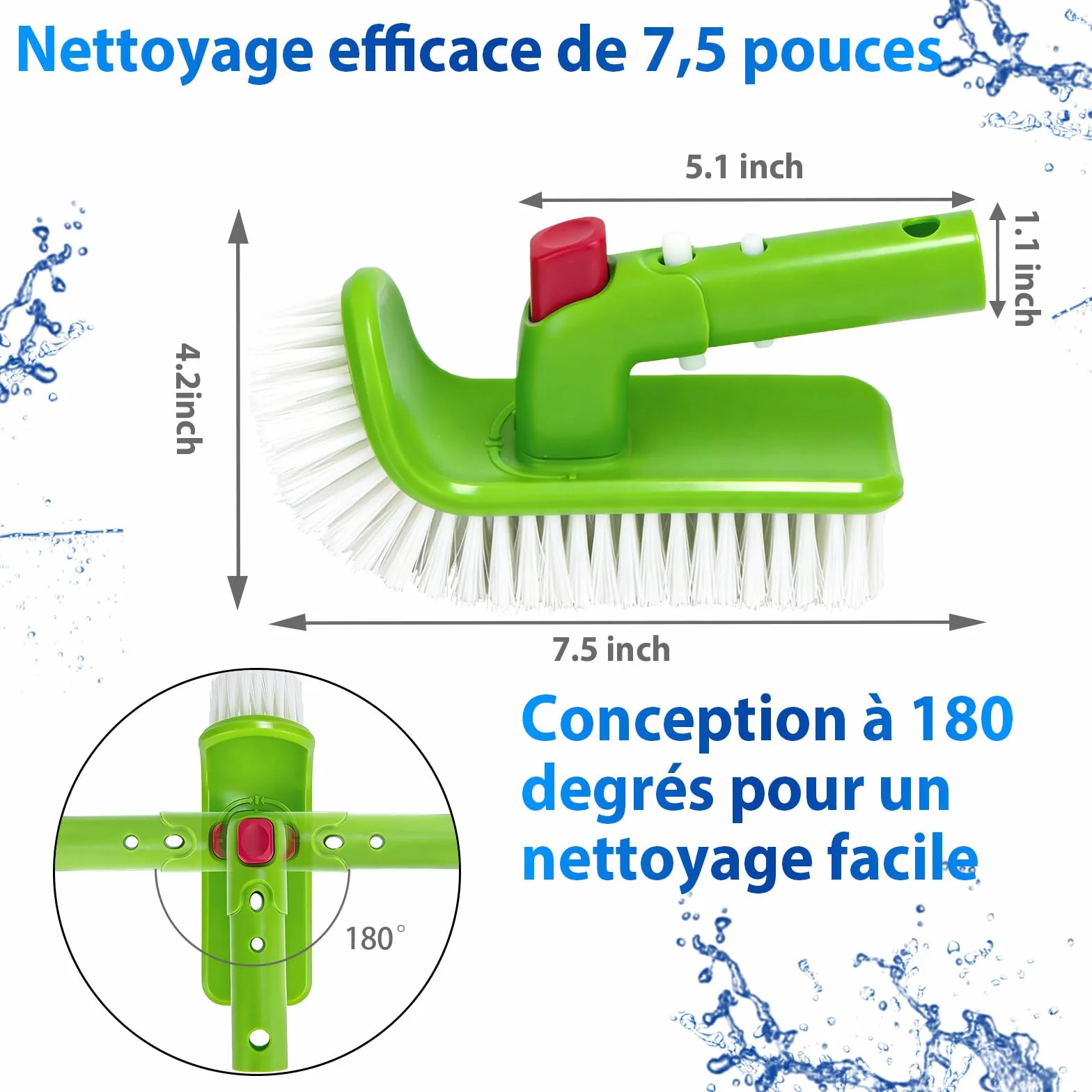 Brosse Piscine 19 cm Poignée Pliable 180° 9 Rangées Poils Nylon Clip EZ Manche Télescopique 3,2 cm