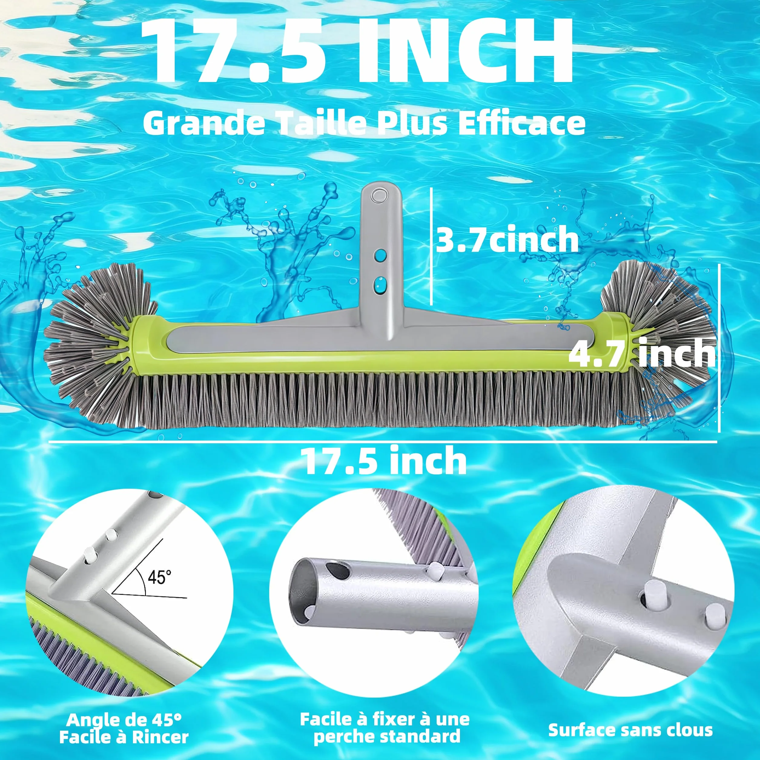Balai Brosse Piscine Liner 45cm Tête Détachable Poignée Aluminium EZ Clip