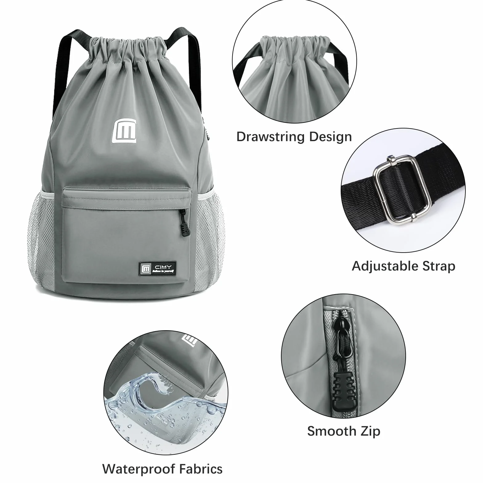 Sac à Dos Cordon Grand, Sac de Sport Imperméable pour Homme Femme Sac Cordon Sac à Dos pour Shopping Yoga Sport Voyage, Gris
