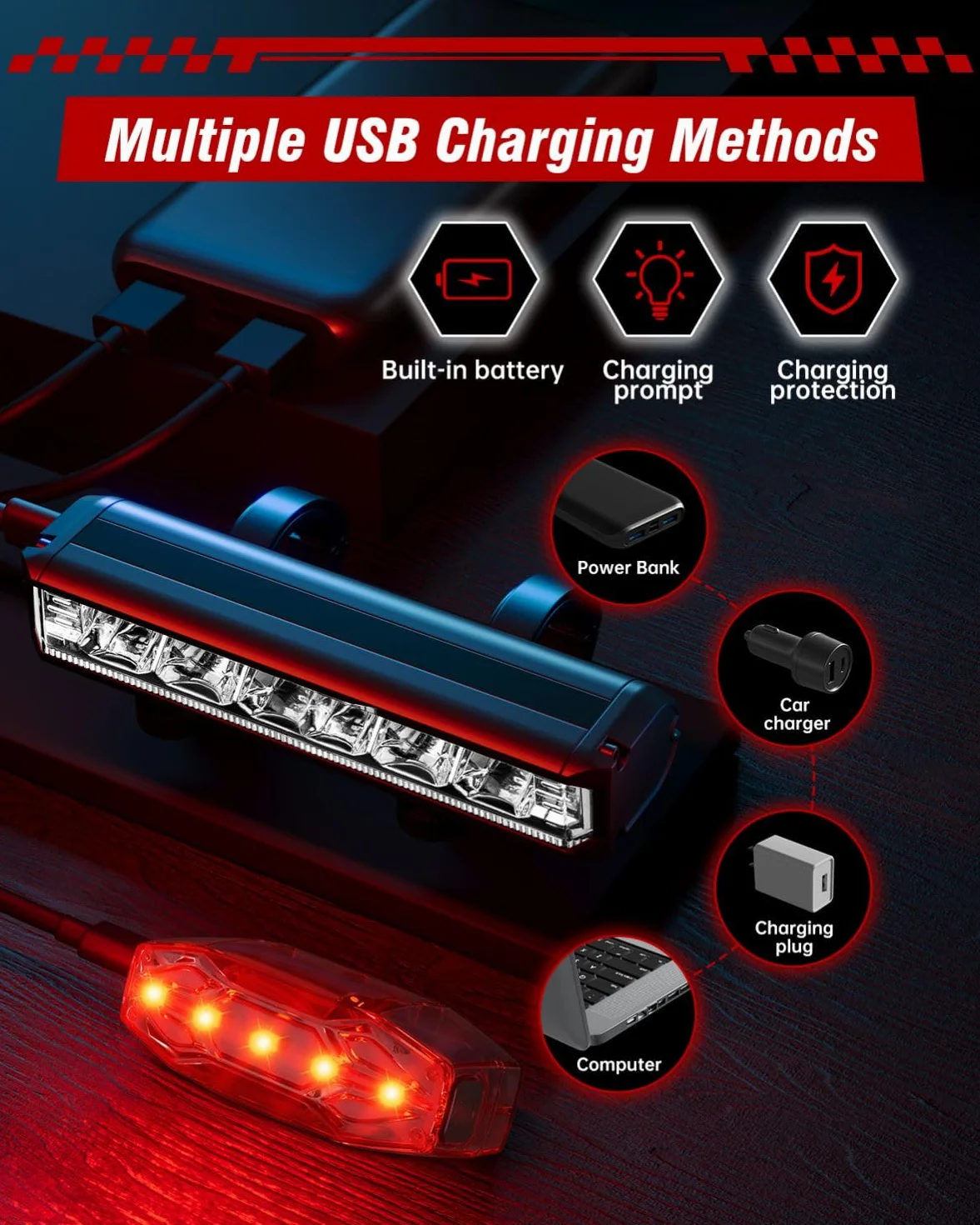POSUGEAR Lumiere Velo, Lampe Velo Avant et Arriere USB Rechargeable, Ultralégère en Aluminium Eclairage Velo LED Puissantes, IPX5 Phare Velo et Feu Arriere Velo Accessoires pour VTT, VTC, Route