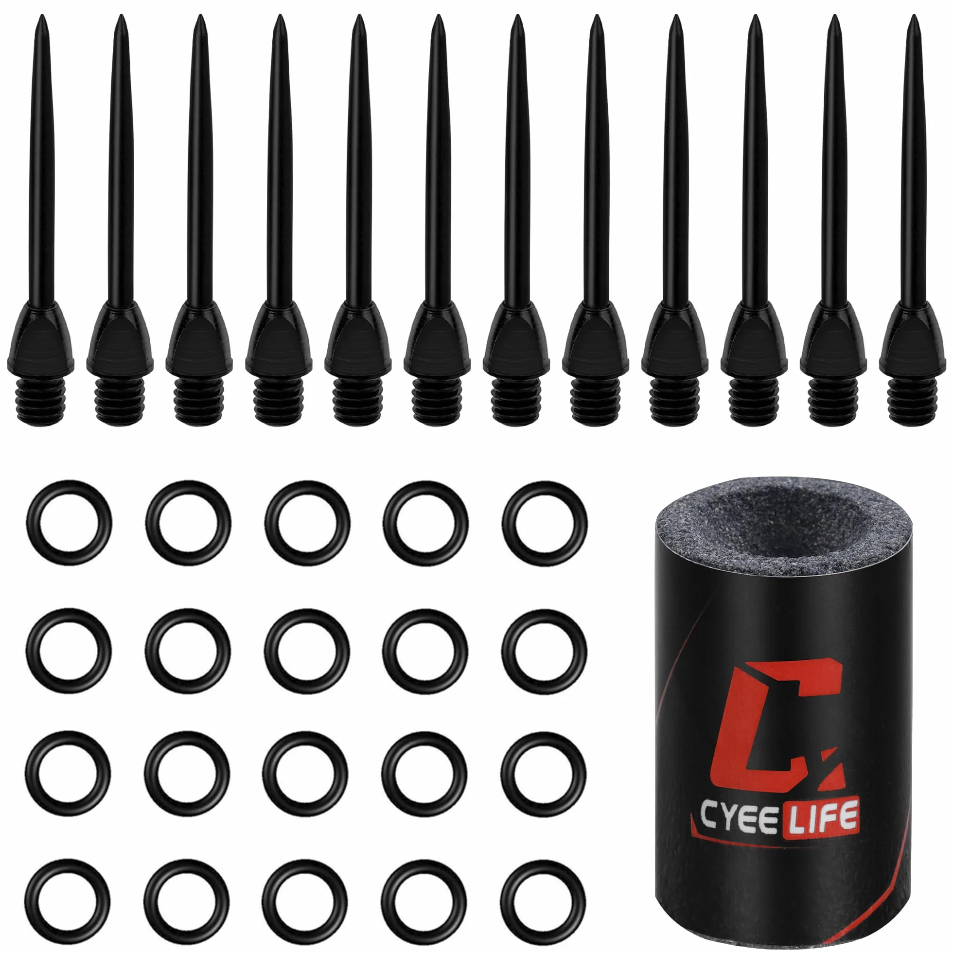 CyeeLife Lot de 12 pointes en acier 2BA pour fléchettes + 20 anneaux en caoutchouc + 1 pointe pour fléchettes, pointes métalliques pour fléchettes pour transformer les fléchettes souples, pointes en