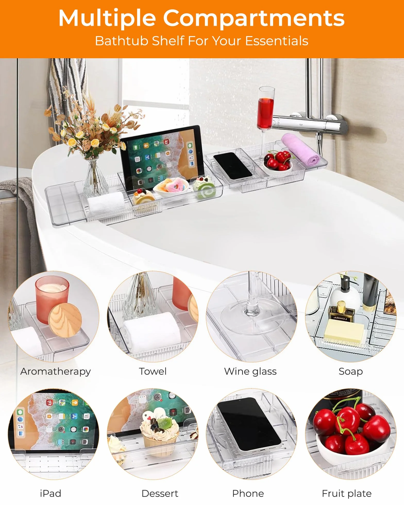 Plateau Baignoire Extensible en Acrylique pour Ipad, Téléphone, Verre, Bougie, Accessoires de Bain Transparent