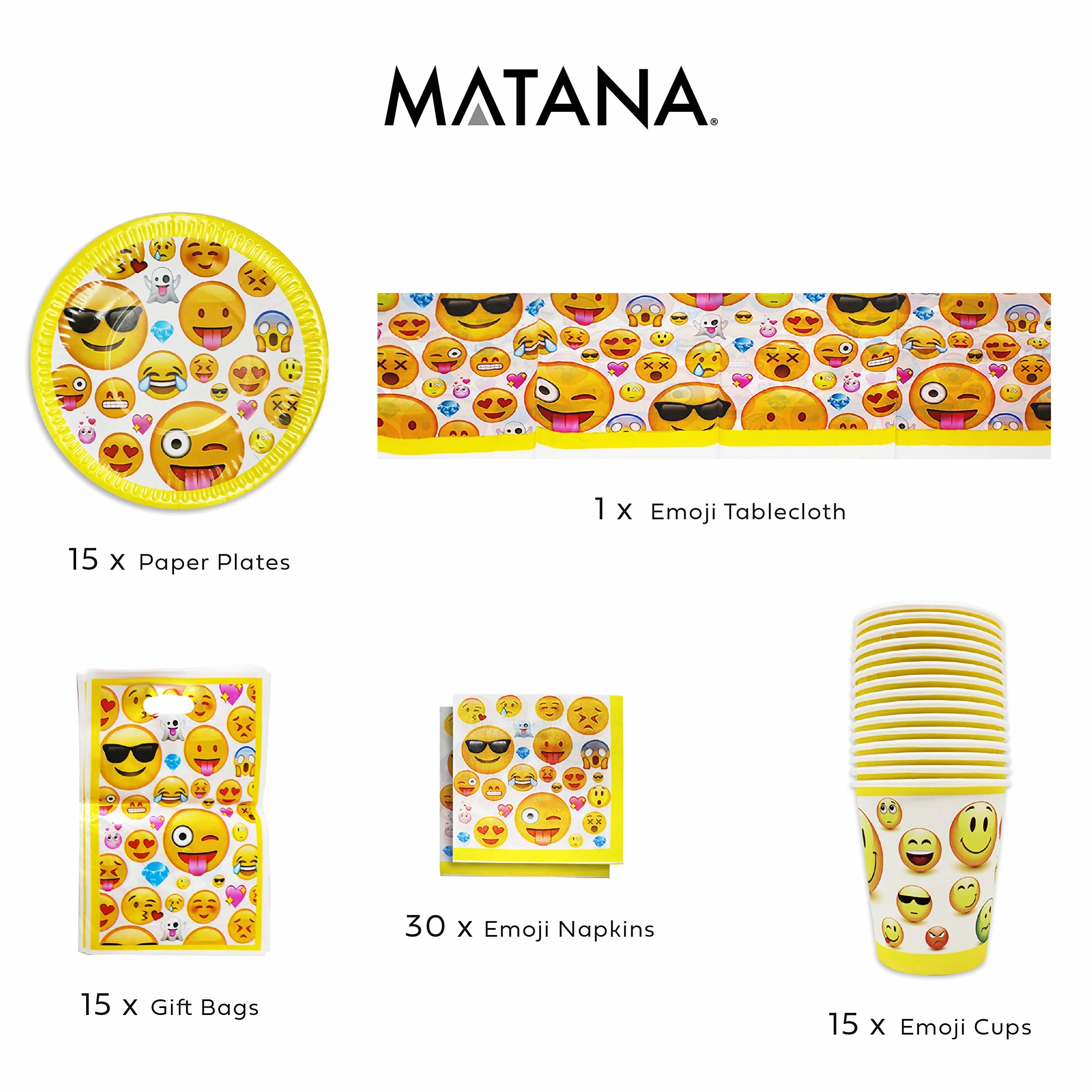 MATANA Vaisselle de Fête Anniversaire Emoji Smiley 76 Pièces Assiettes Gobelets Serviettes Nappe