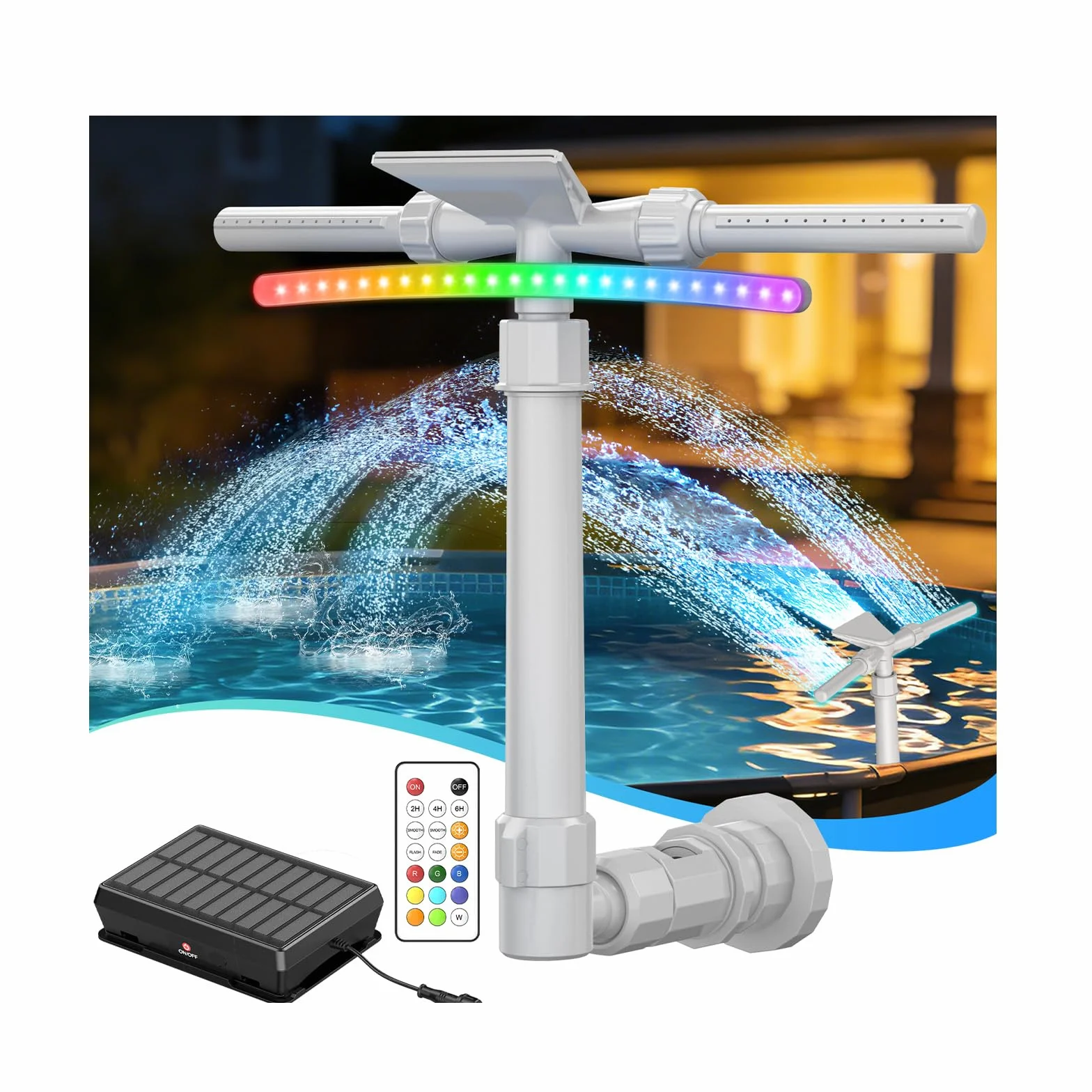 Mooroer Fontaine de Piscine Solaire Tête 2 en 1 LED 9 Couleurs Télécommande Réglable Refroidit l’Eau 5-11°C Piscines Hors Sol Encastrées