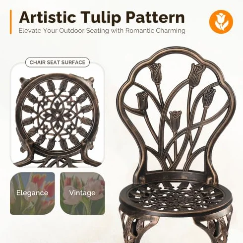 Bonnlo Ensemble Salon de Jardin 3 pièces en Aluminium avec Motif de Tulipes, Bronze