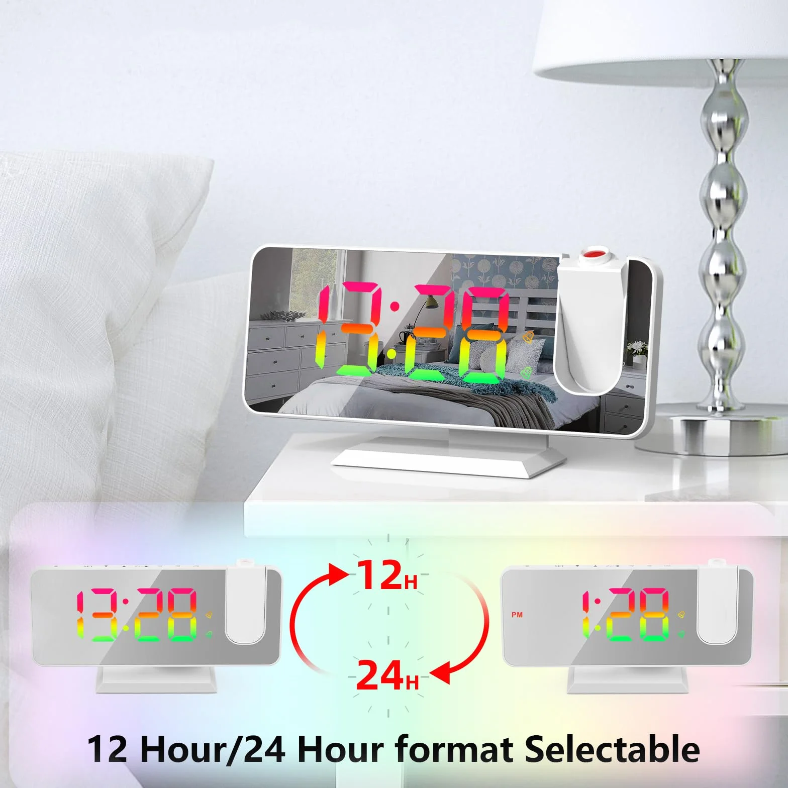 ThreeH Réveil Numérique à Projection avec Miroir LED RGB et Chargeur USB Double Alarme Blanc