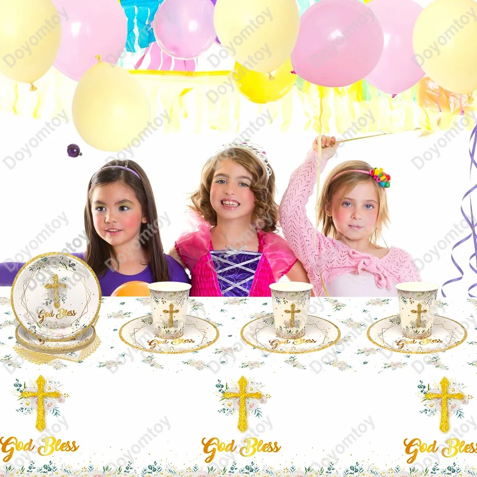 Vaisselle de Fête Communion, Set de Vaisselle Papier pour Première Communion Assiettes Serviettes Tasses 20 Personnes