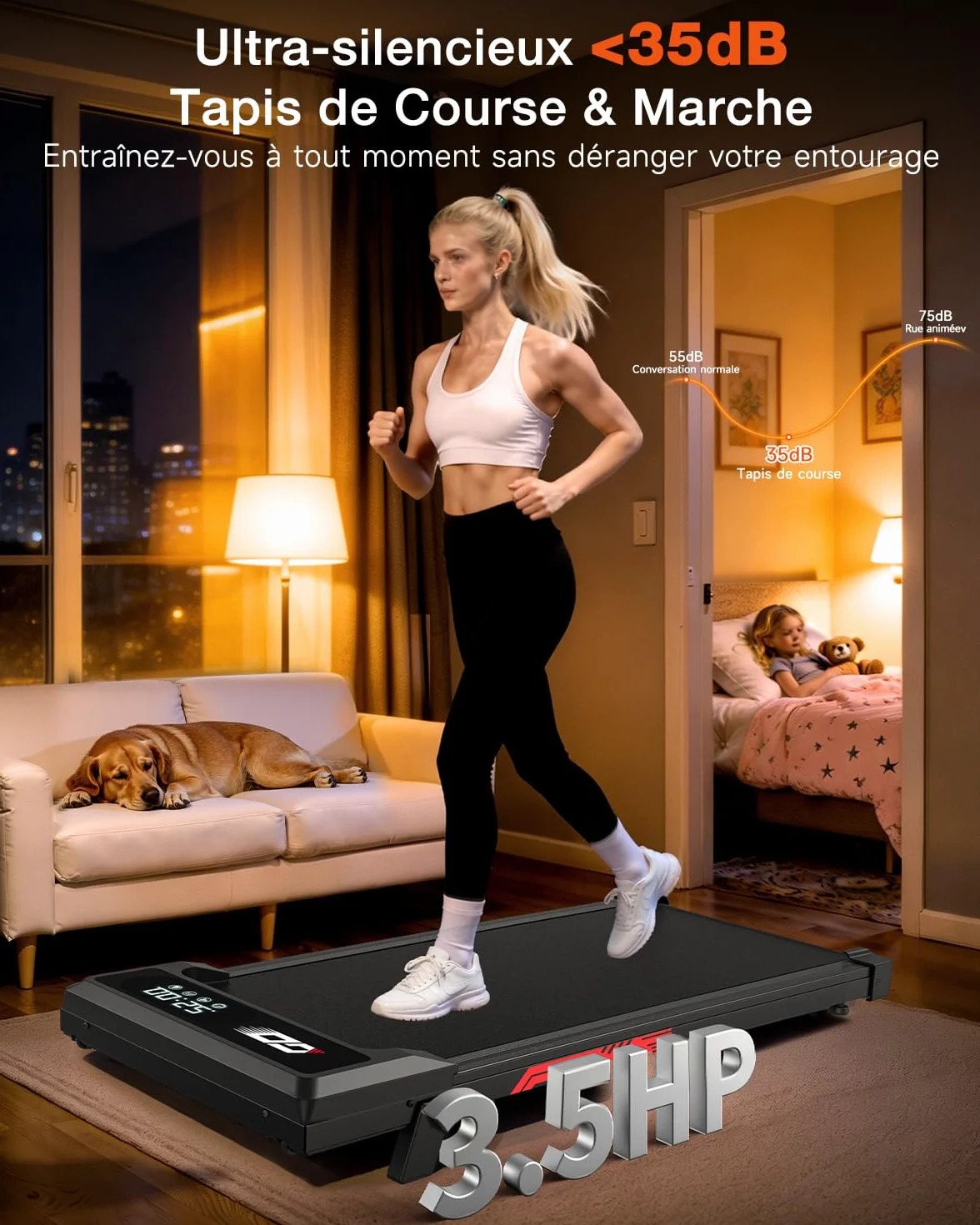 Tapis de Course et de Marche 3 en 1 avec Pente 9%, Tapis Roulant Walking Pad Pliable 1-10 km/h, Moteur sans Balais Silencieux 3,0 HP, 140 kg, LED, Amorti