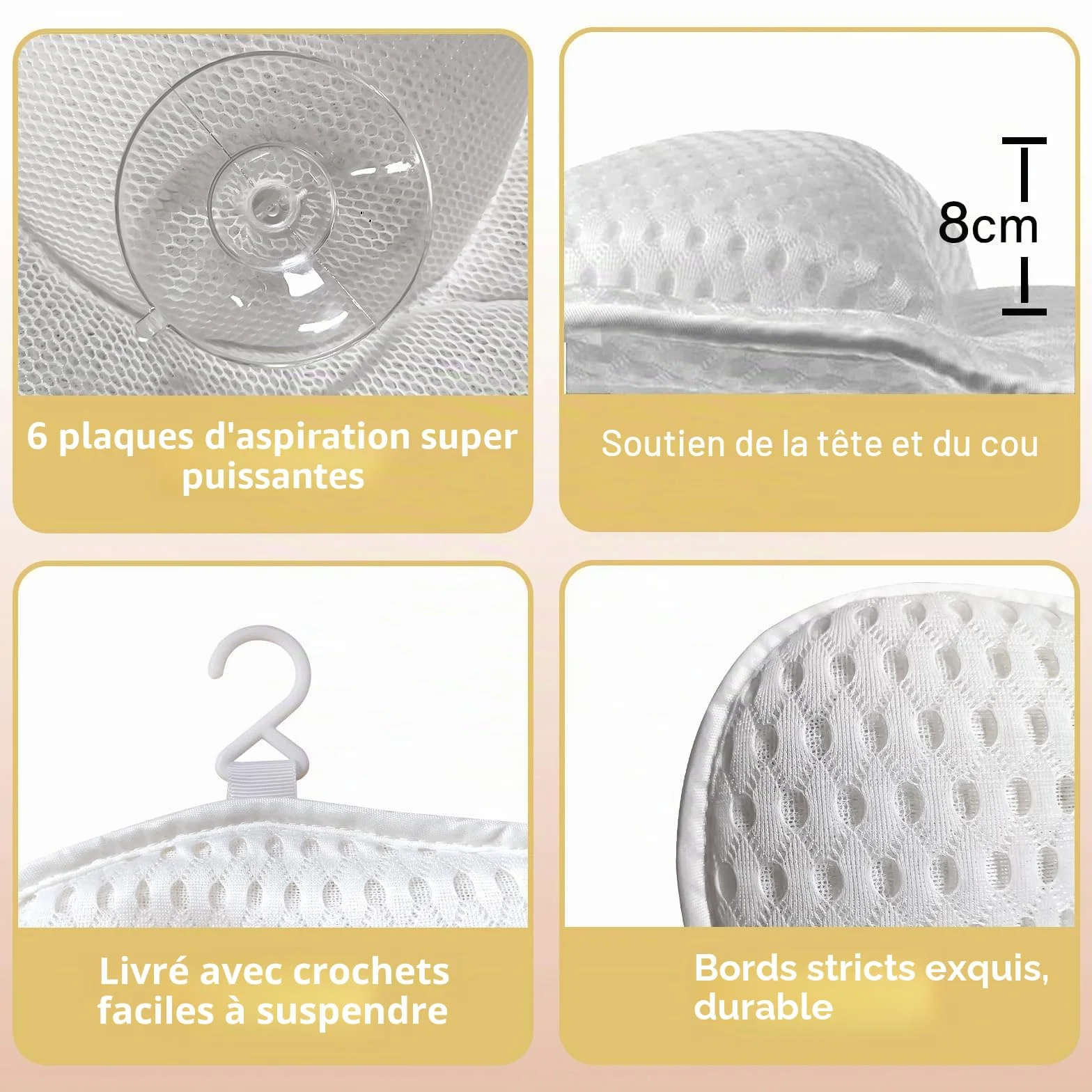 Oreiller de Bain Ergonomique 4D avec Ventouses Antidérapantes, Coussin de Baignoire Amovible, Repose-Tête, Accessoires de Bain Spa Blanc