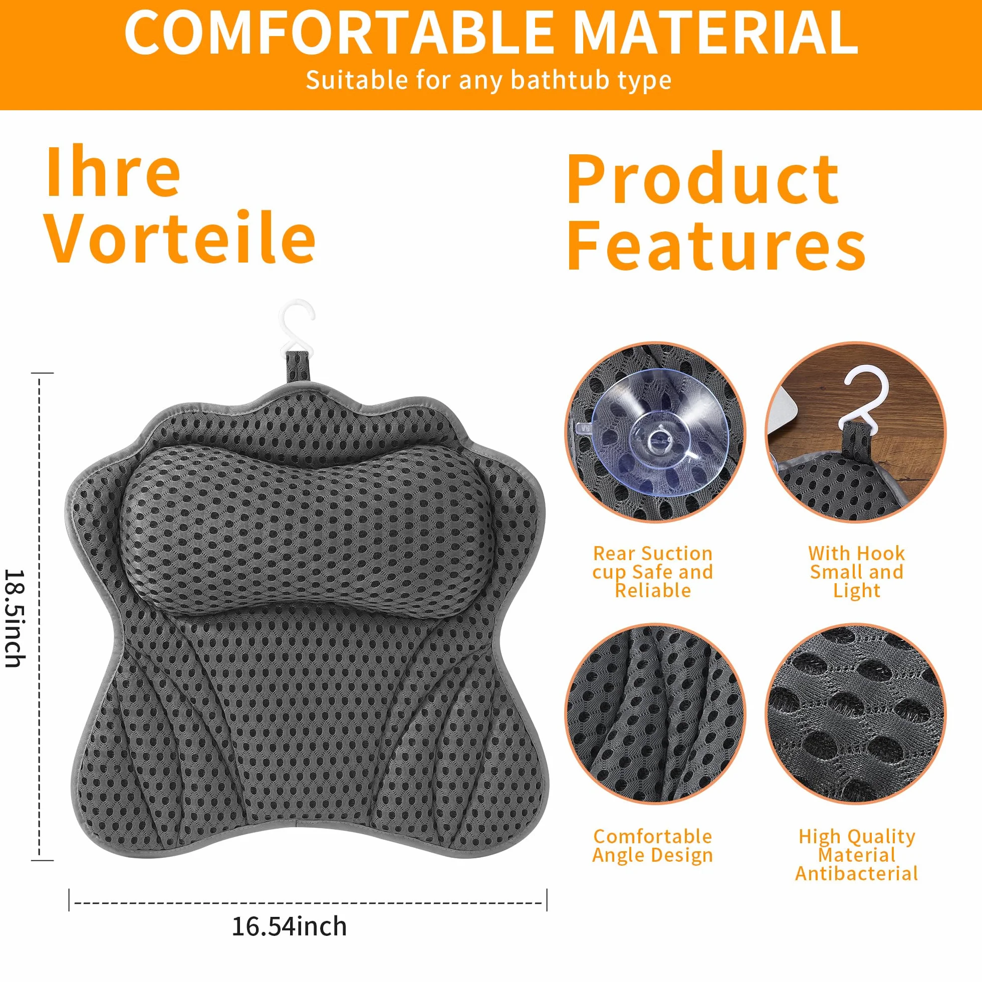Coussin Baignoire Adulte 4D Air Mesh 6 Ventouses Antidérapantes