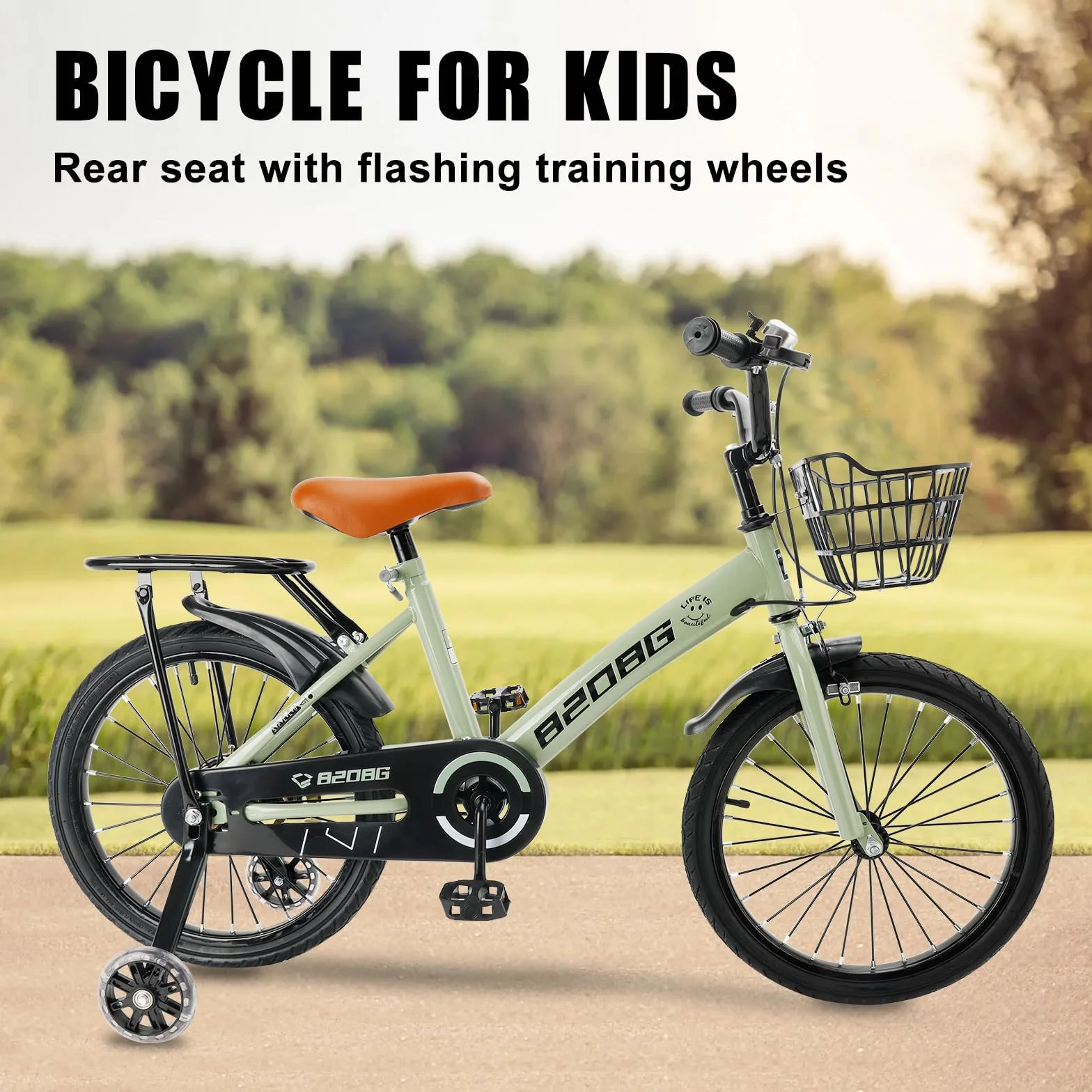 Vélo pour enfant de 18 pouces, cadre en acier au carbone de haute qualité, siège et guidon réglables, double freins, moyeux intégrés, panier amovible, roues stabilisatrices, selle confortable, vélo