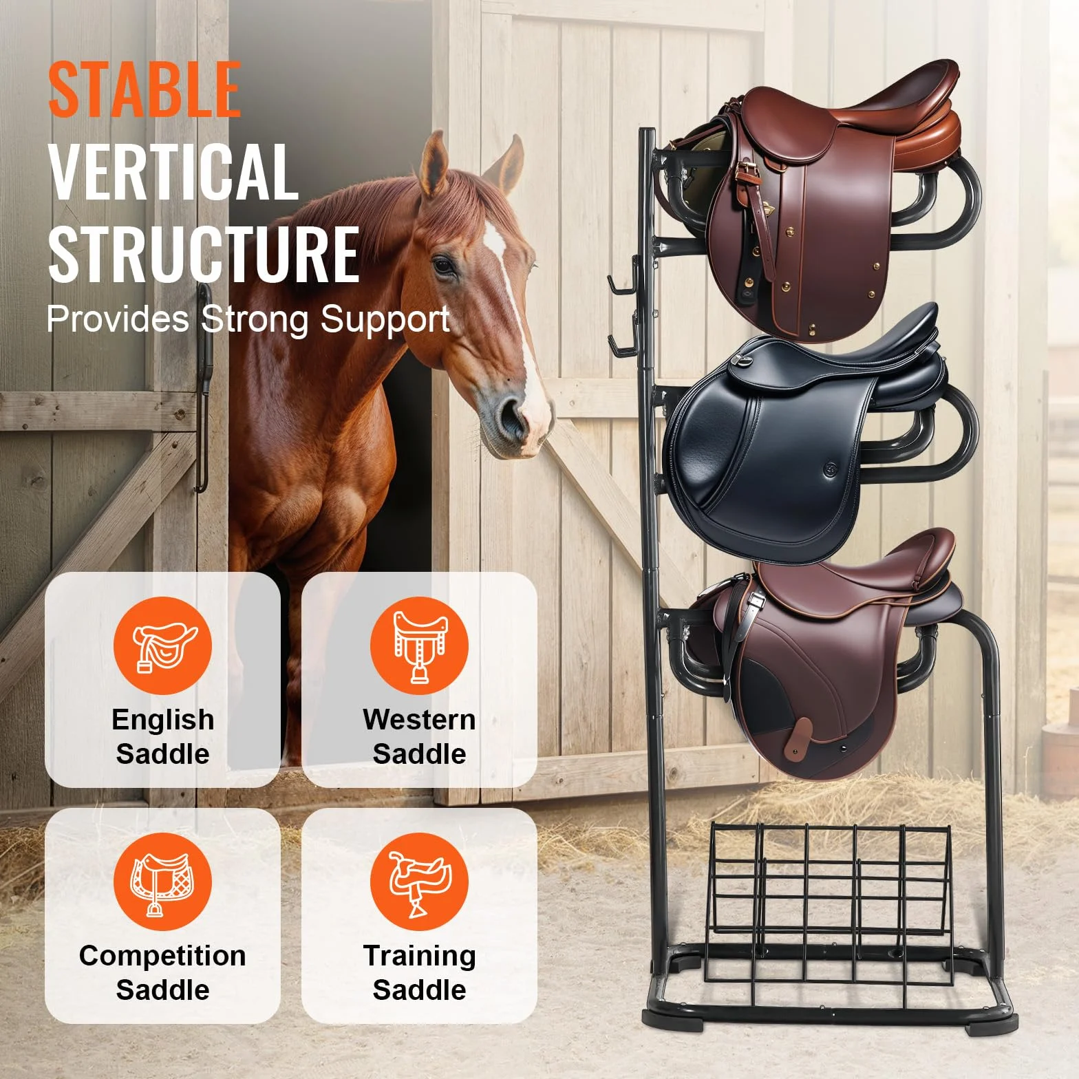 VEVOR Support de Selle Cheval, Porte-Selle Anglais Western Autoportant, Niveaux Rotatifs, Rangement de Couverture et Coussin, pour Matériels Chevaux d'Équitation, Organisation de Sellerie, d'Écuries