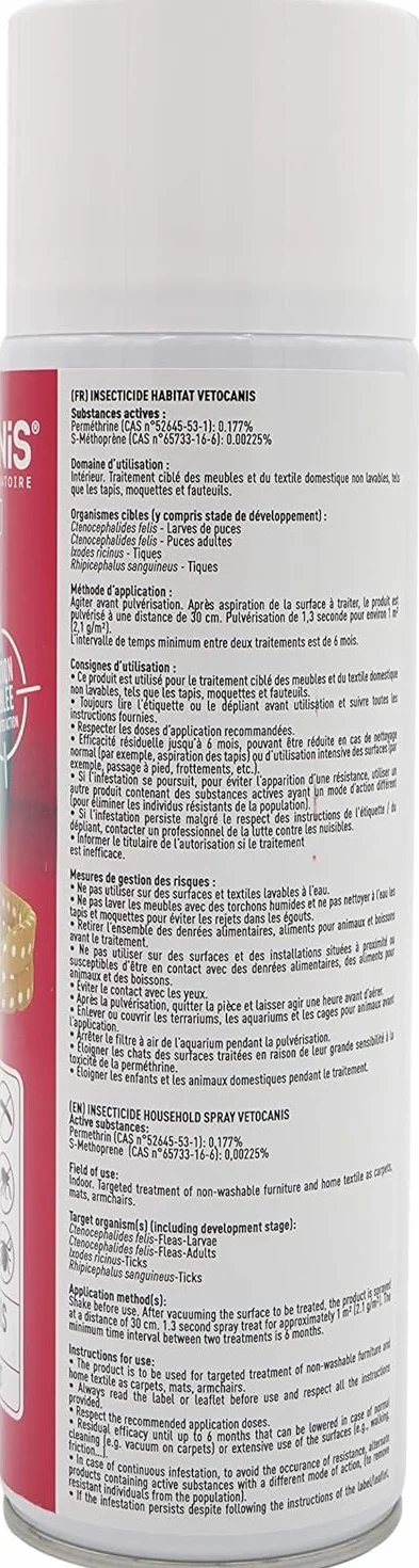 Vetocanis Spray Insecticide Habitat 250ml Elimine Puces Larves Tiques 6 mois