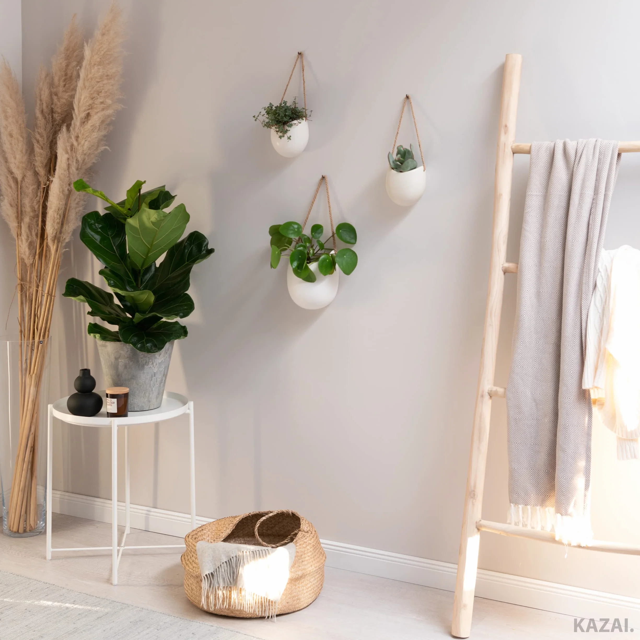 Kazai Pots de Fleurs Muraux Ellie 3 pièces Céramique Suspendus Décoration Murale Crème Mat