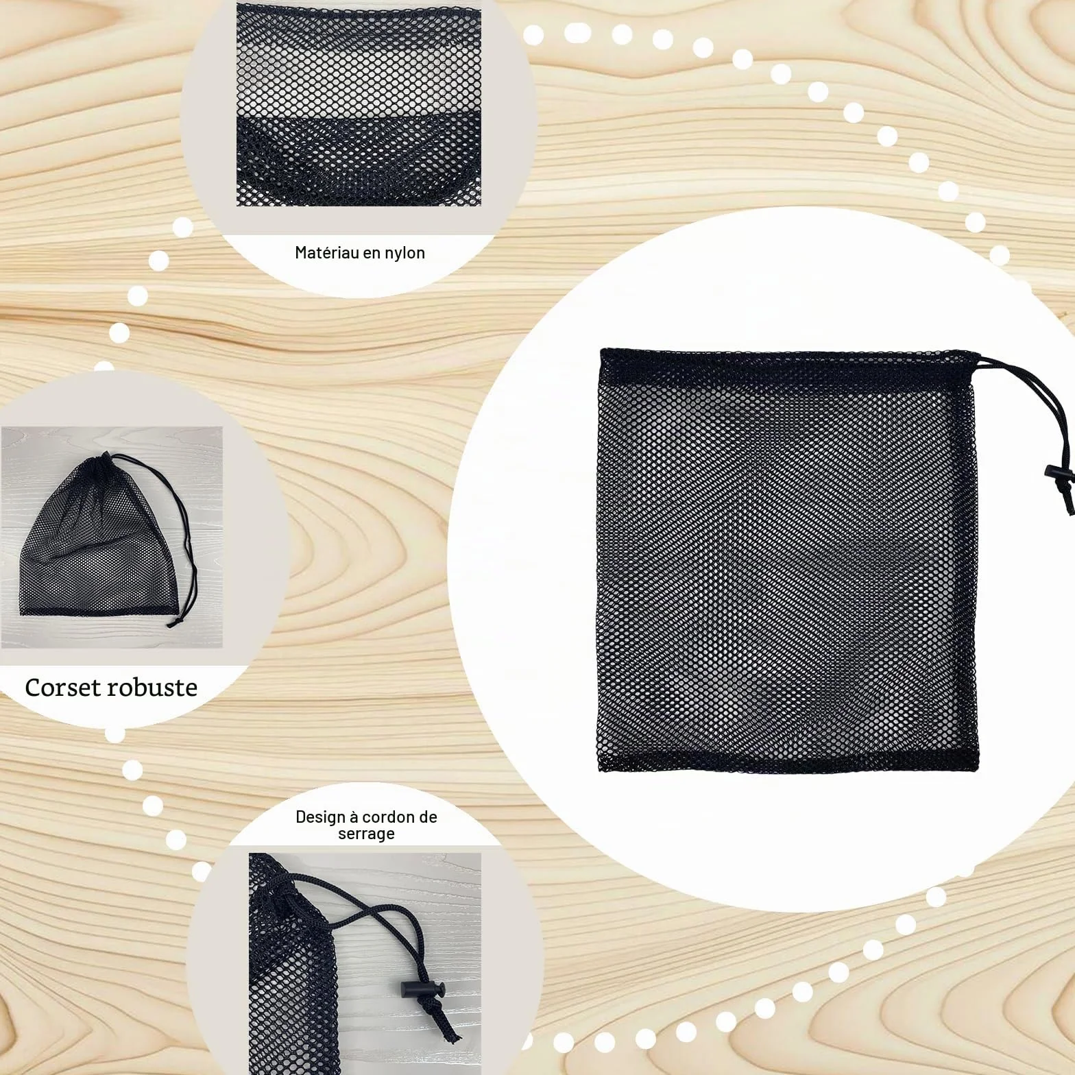 Lot de 6 sacs en maille filet noir pour voyage, cosmétiques, accessoires de sport, rangement des marchandises avec cordon de serrage