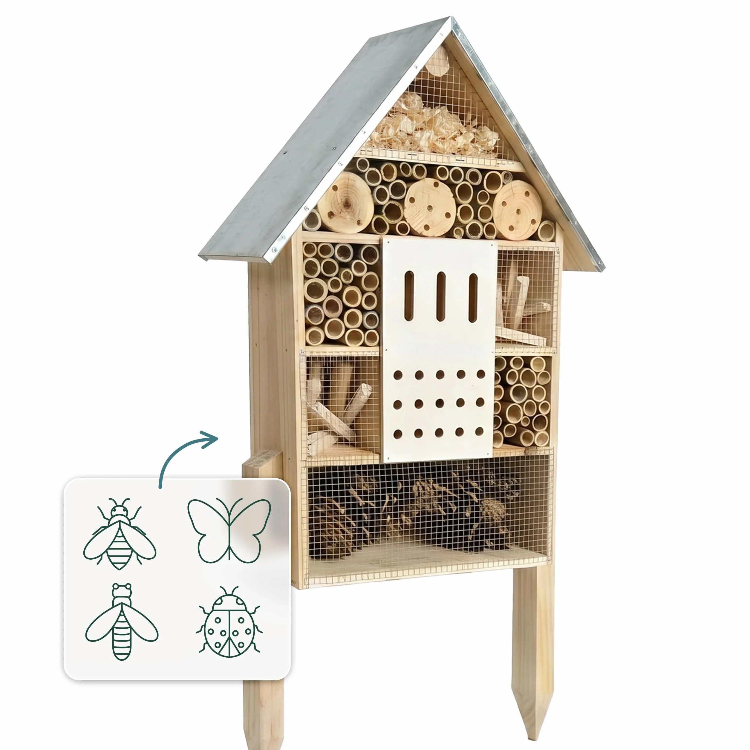 Relaxdays Hôtel à Insectes sur Pied en Bois, Toit galvanisé, 77 x 38 x 10 cm