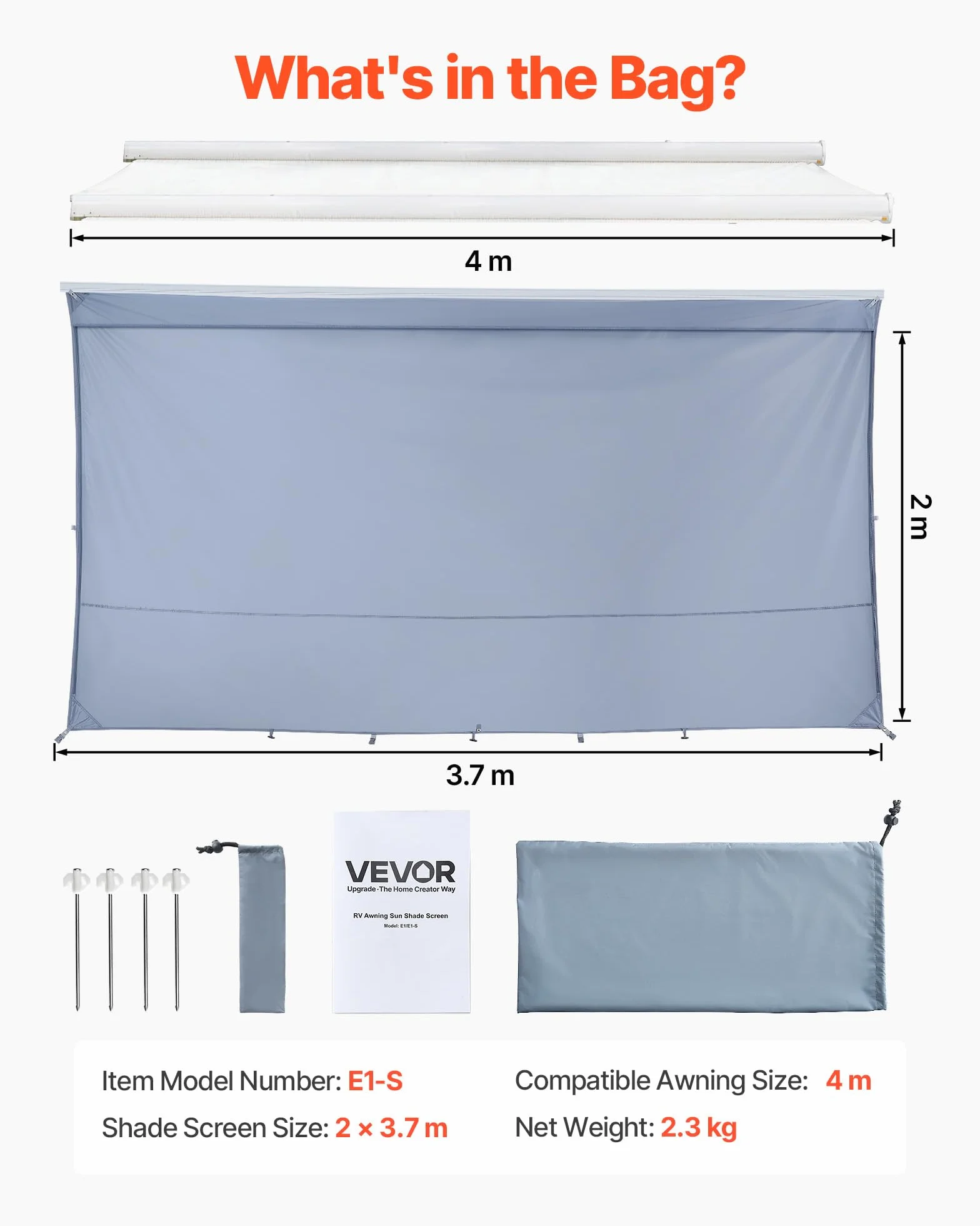 VEVOR Paroi Avant pour Store de Camping-Car 2x3,7 m, Façade de Store Compatible avec Auvent 4 m, Pare-Soleil Caravane Voyage, avec Couverture Zippée en PU UV50+, Maille Polyester Double Couture