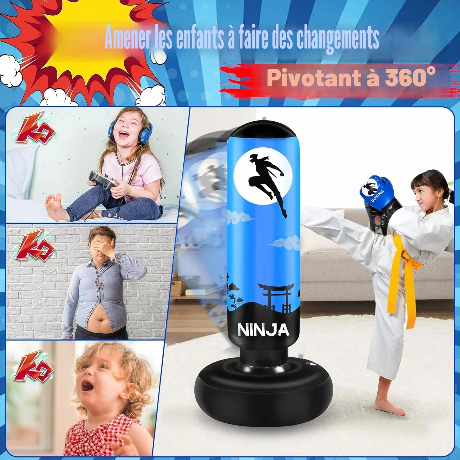 Punching Ball avec Gants de Boxe et Pompe, Sac de Boxe Enfant 168 cm - Idéal pour Karaté, Taekwondo, Cadeau Parfait pour Garçons & Filles de 5 à 12 Ans