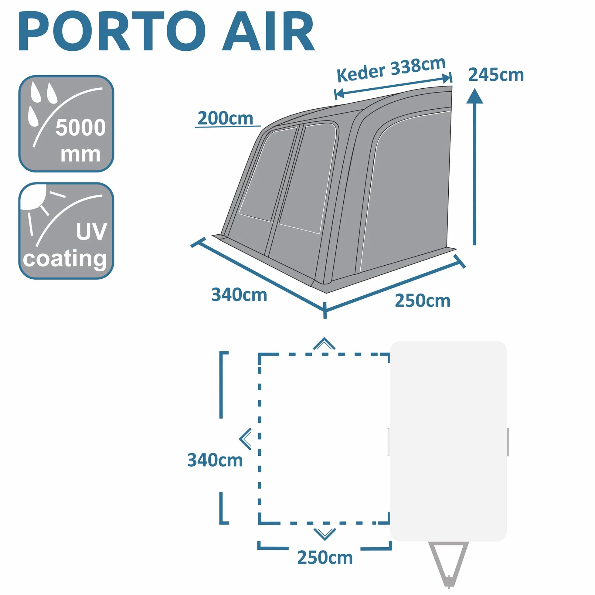 Your GEAR Porto Air - Auvent Gonflable 340 x 250 cm - Solaire et de Voyage - Pour Caravane