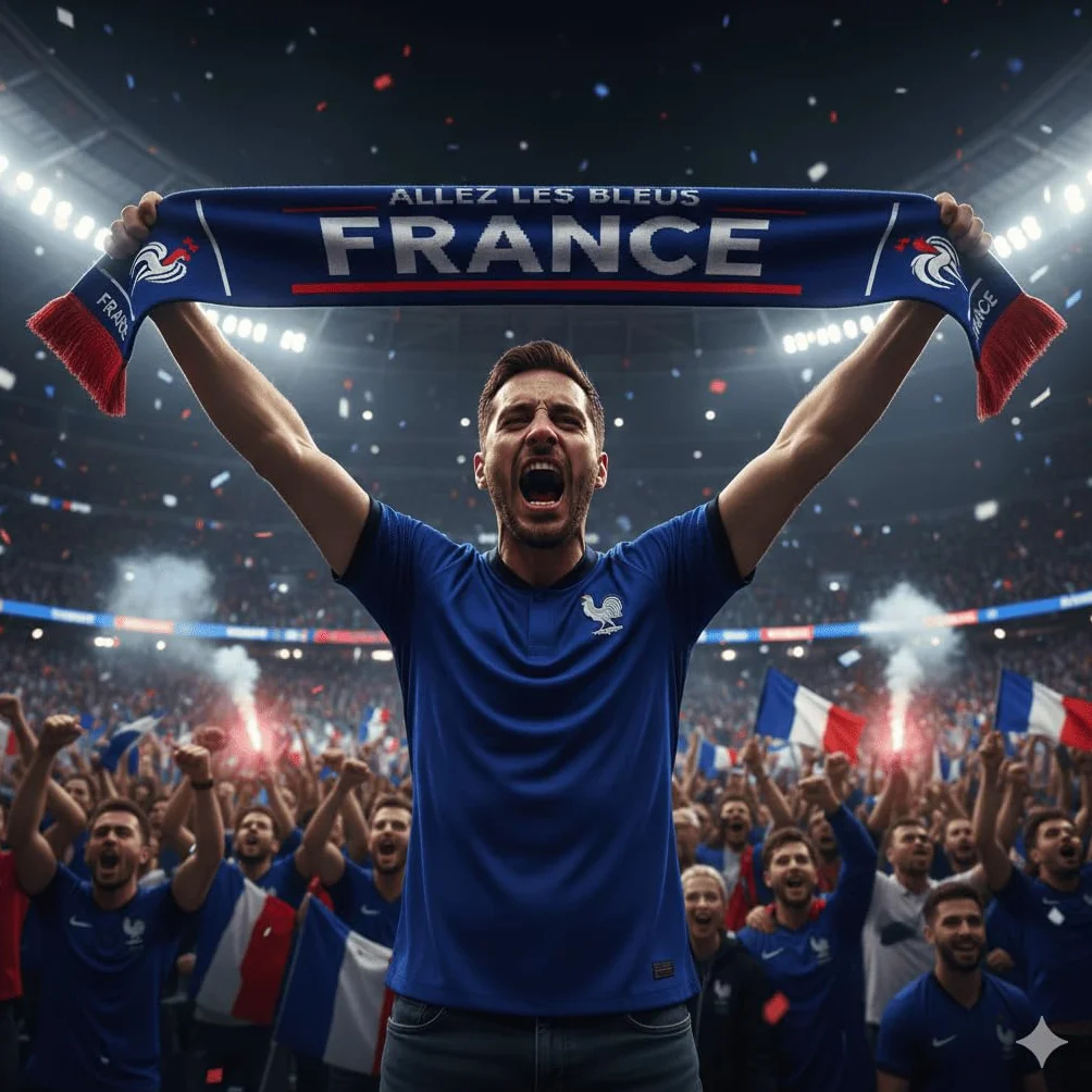 Écharpe de Supporter France, Bleu Rouge Blanc, 140 x 20 cm, Style Sportswear avec Logo Coq Gaulois