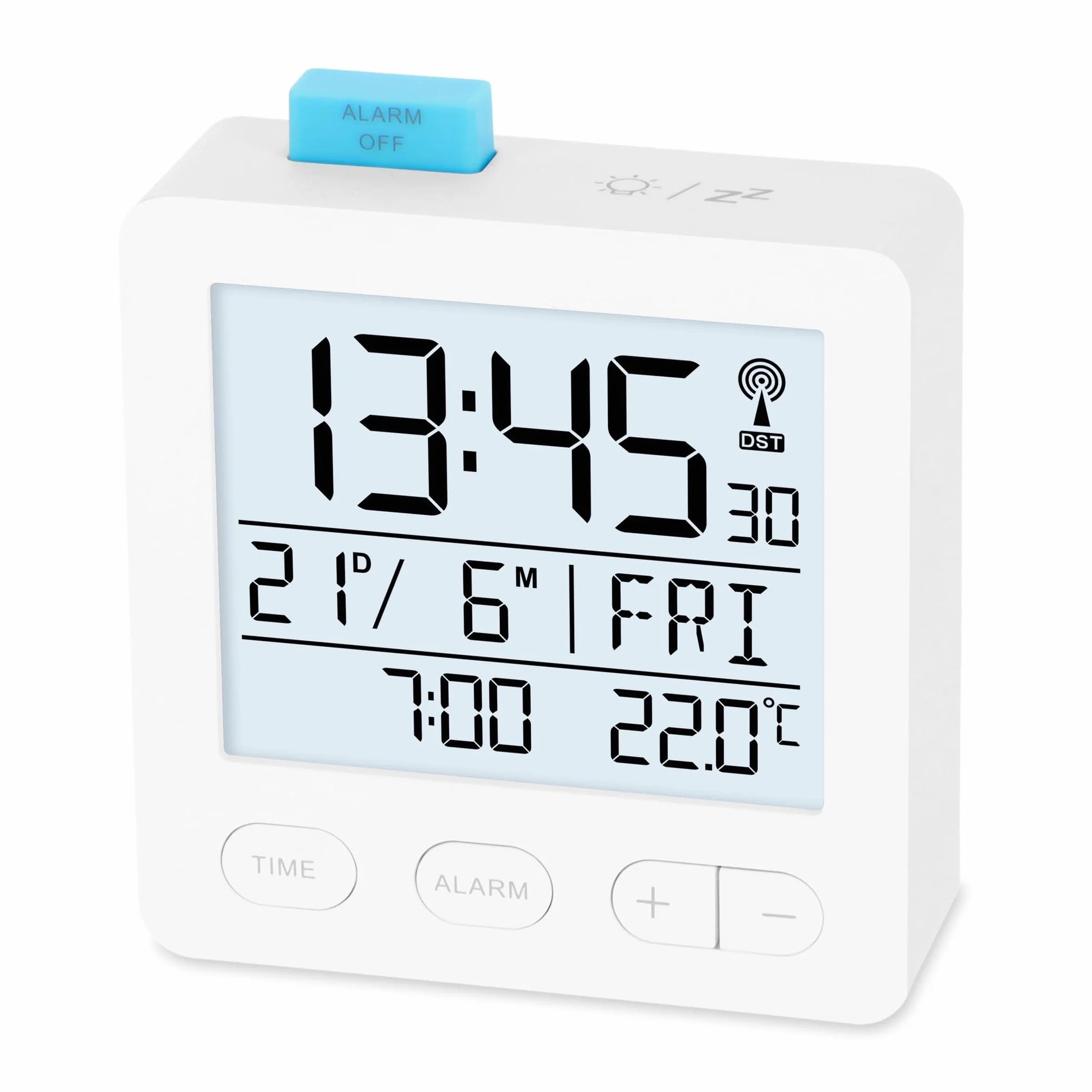 ADE Réveil Radio-piloté Numérique avec Piles, Horloge Radio-pilotée, Température, Date, Blanc