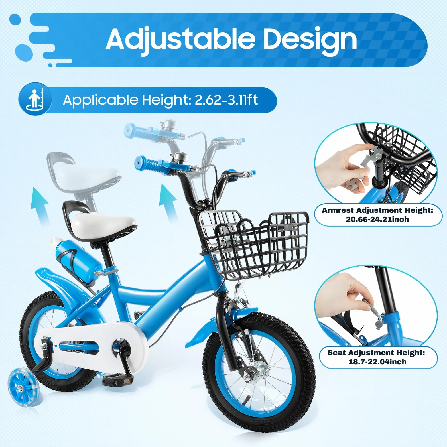 Velo Enfant 3 Ans, Velo Enfant 4 Ans, Velo 12 Pouces, avec Cadre Acier Carbone, Double Frein, Selle Réglable et Roues Stabilisatrices, Capacité 40kg, Vélo Enfant pour 2-4 Ans