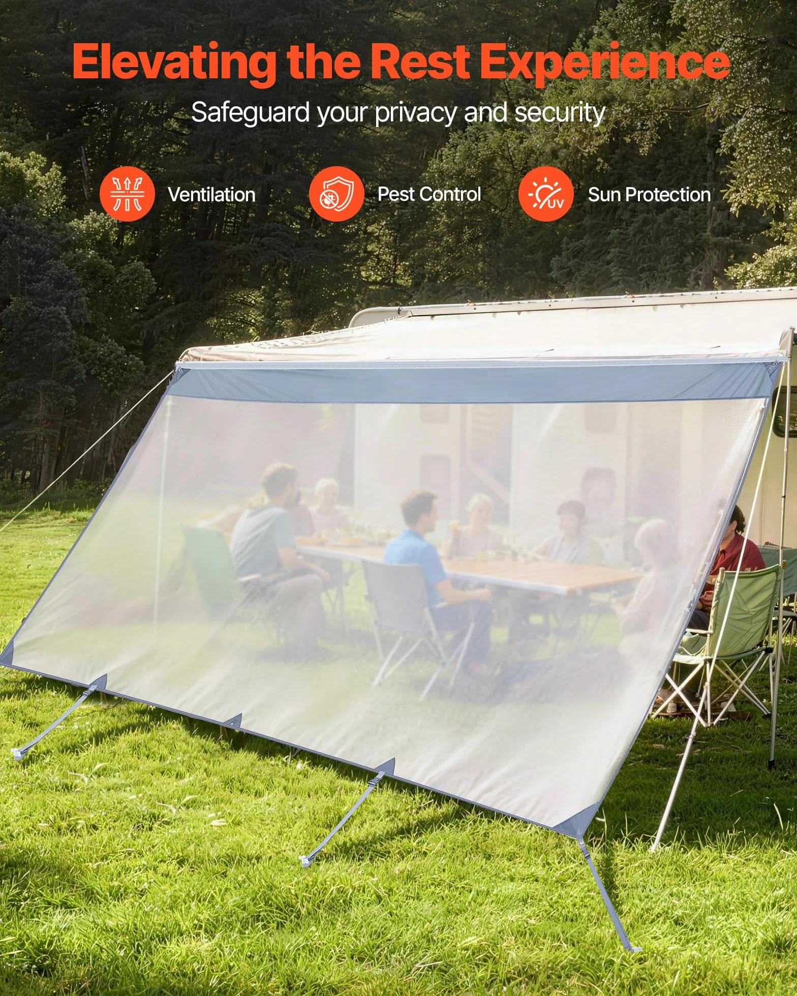 VEVOR Paroi Avant pour Store de Camping-Car de 2x4,3 m, Façade de Store Compatible avec Auvent de 4,5 m, Pare-Soleil pour Caravane Camping Voyage, en Maille Polyester Respirant, Double Couture