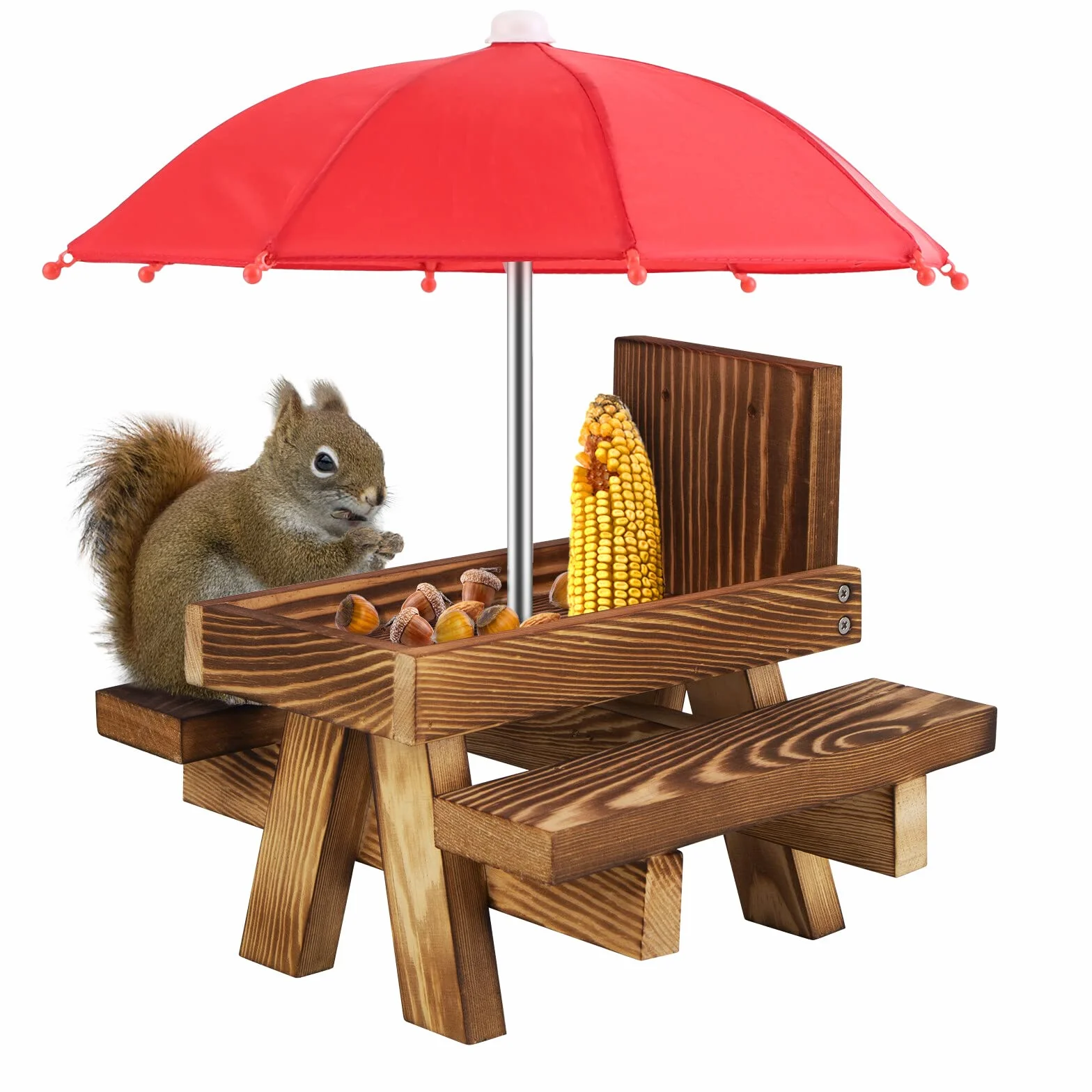 Mangeoire pour écureuil avec parapluie – Banc de pique-nique en bois avec support pour maïs, décoration de jardin