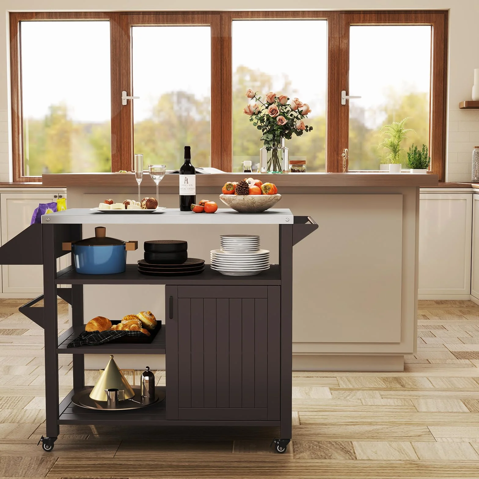 KOMFOTTEU Chariot Barbecue Acier Inoxydable avec Armoire Porte 3 Étagères Ouvertes 117 x 50 x 87 cm