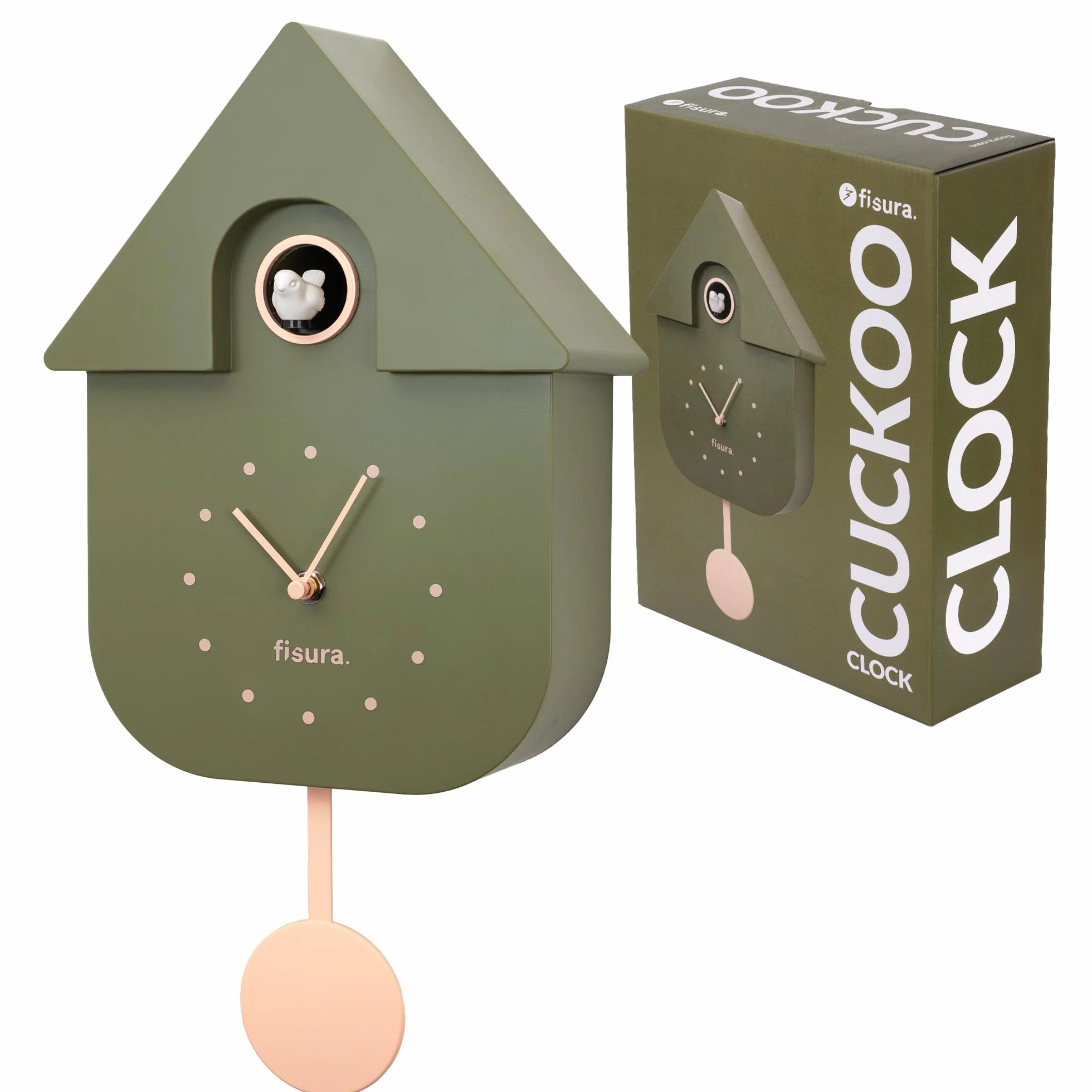 Fisura Horloge Coucou Vert Olive Cadran Beige Murale Originale ABS 21,5x8x41,5 cm