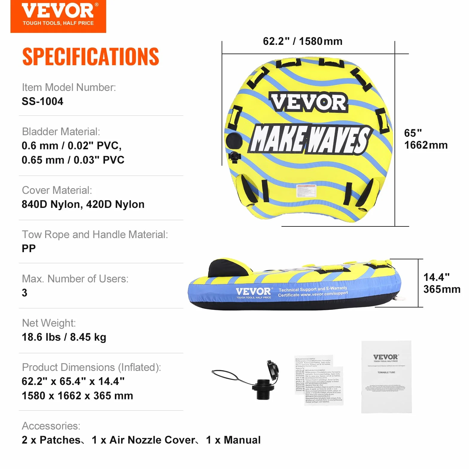 VEVOR Bouée tractée Gonflable pour Bateau, 1 à 3 passagers, Tube remorquable avec ailerons de Pare-Chocs, 231 kg, pour Sport Nautique, Housse en Nylon, poignées en EVA, soupape de sécurité de Vitesse