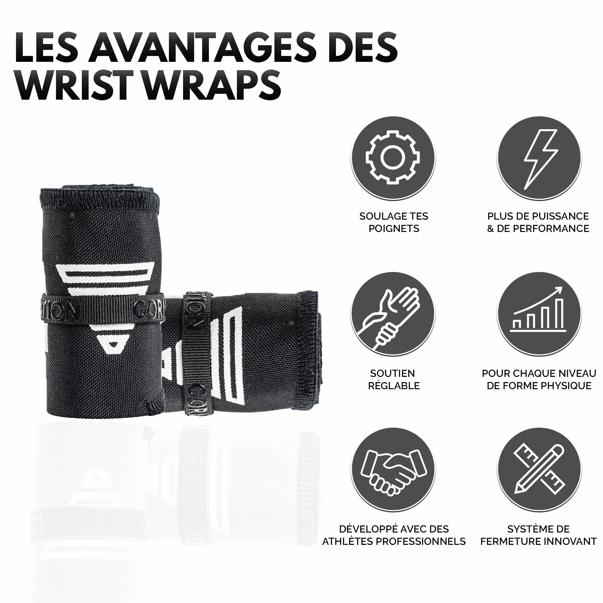 GORNATION Protège-Poignets - Performance Wrist Wraps pour Musculation, Crossfitness, Gym, Street Workout et Sports de Force - Bandes de Poignet - 1 Paire