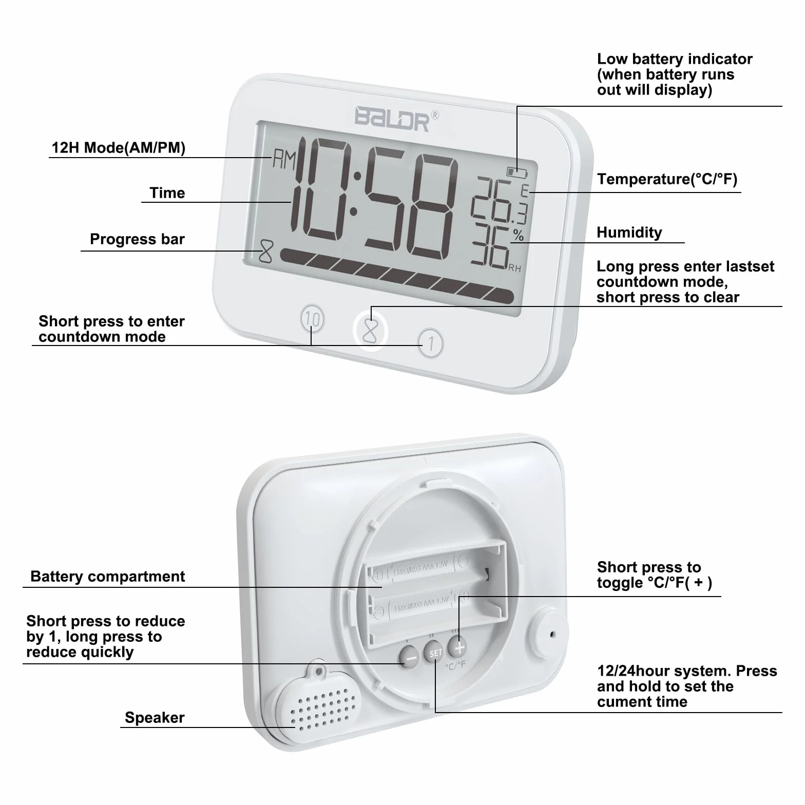 Horloge de salle de bain numérique étanche IP54 avec température, humidité, compte à rebours 99 min et alarme