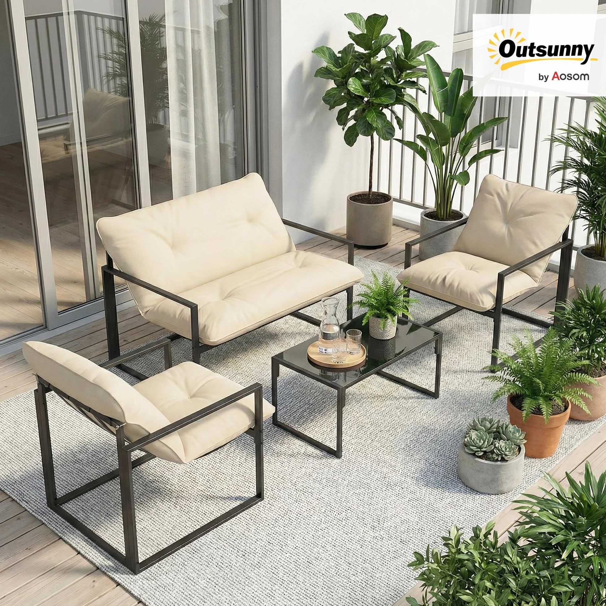 Outsunny Salon de Jardin 4 pièces Coussins Ultra-épais 15cm Ensemble mobilier Bas pour terrasse Canapé 2 Places Table Basse 2 Fauteuils Cadre Acier Noir