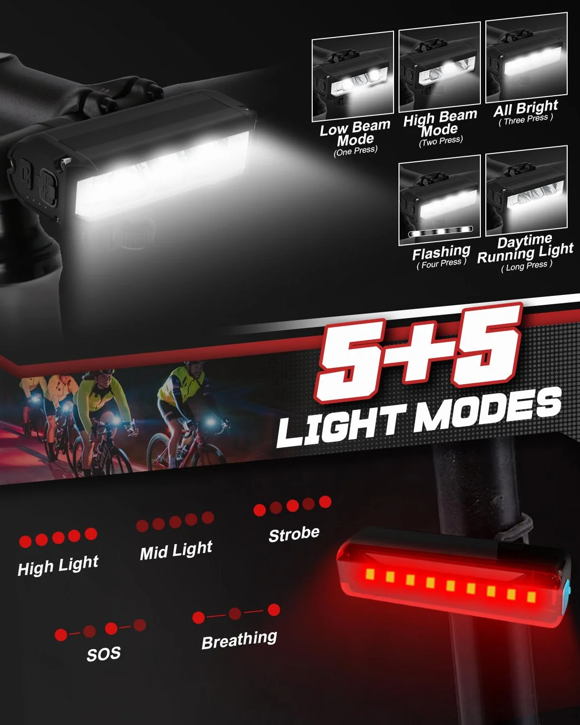 Victoper Lumiere de Vélo,Eclairage Velo Avant et Arrière 6000 Lumens 5 Modes D'éclairage IPX4 Étanche Rechargeable LED Éclairage Vélo Avant et Arrière Compatible avec la Plupart des Vélos