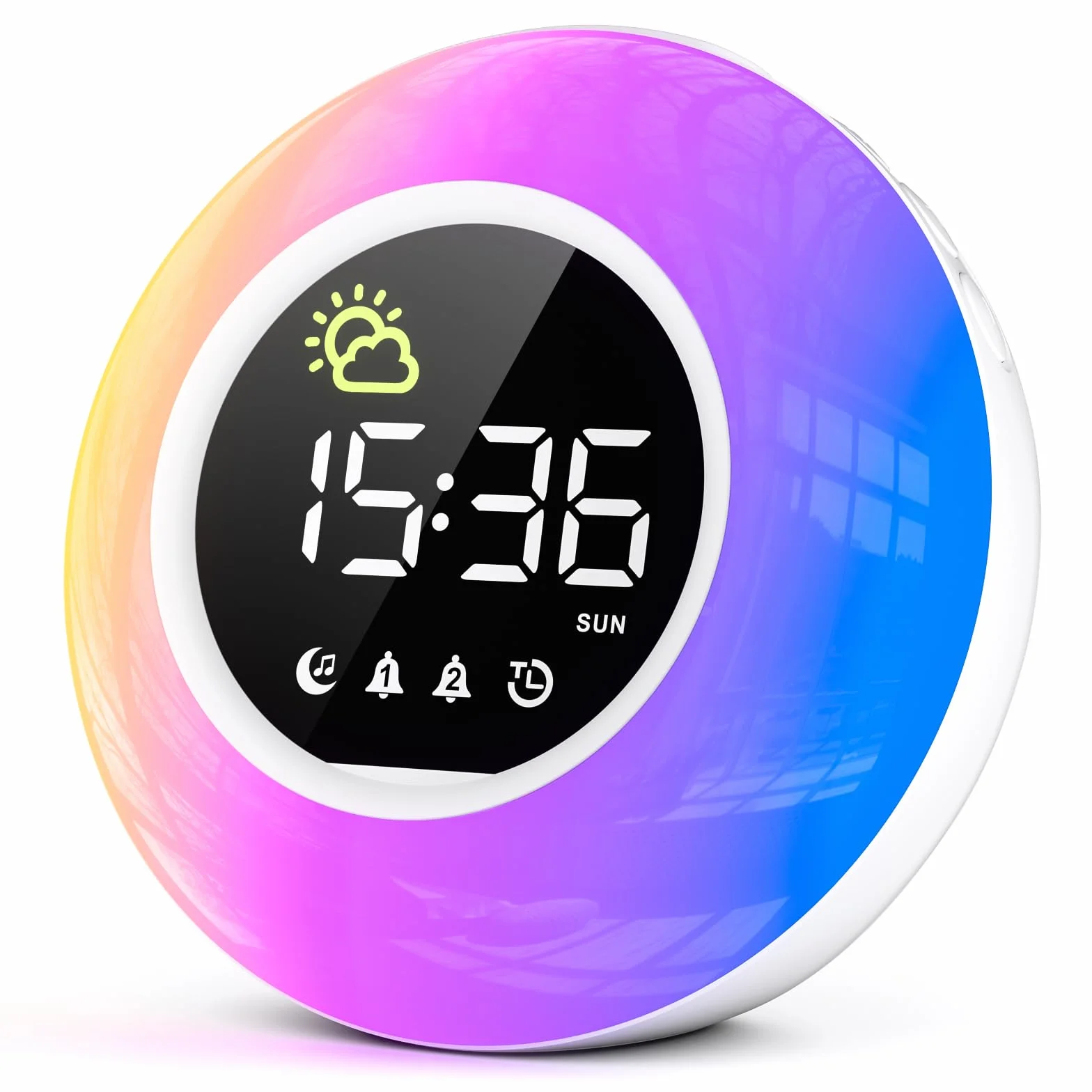 Réveil Enfant Lumineux LED RGB avec Veilleuse, Double Alarme, Minuteur, 12/24H, Adaptateur Inclus